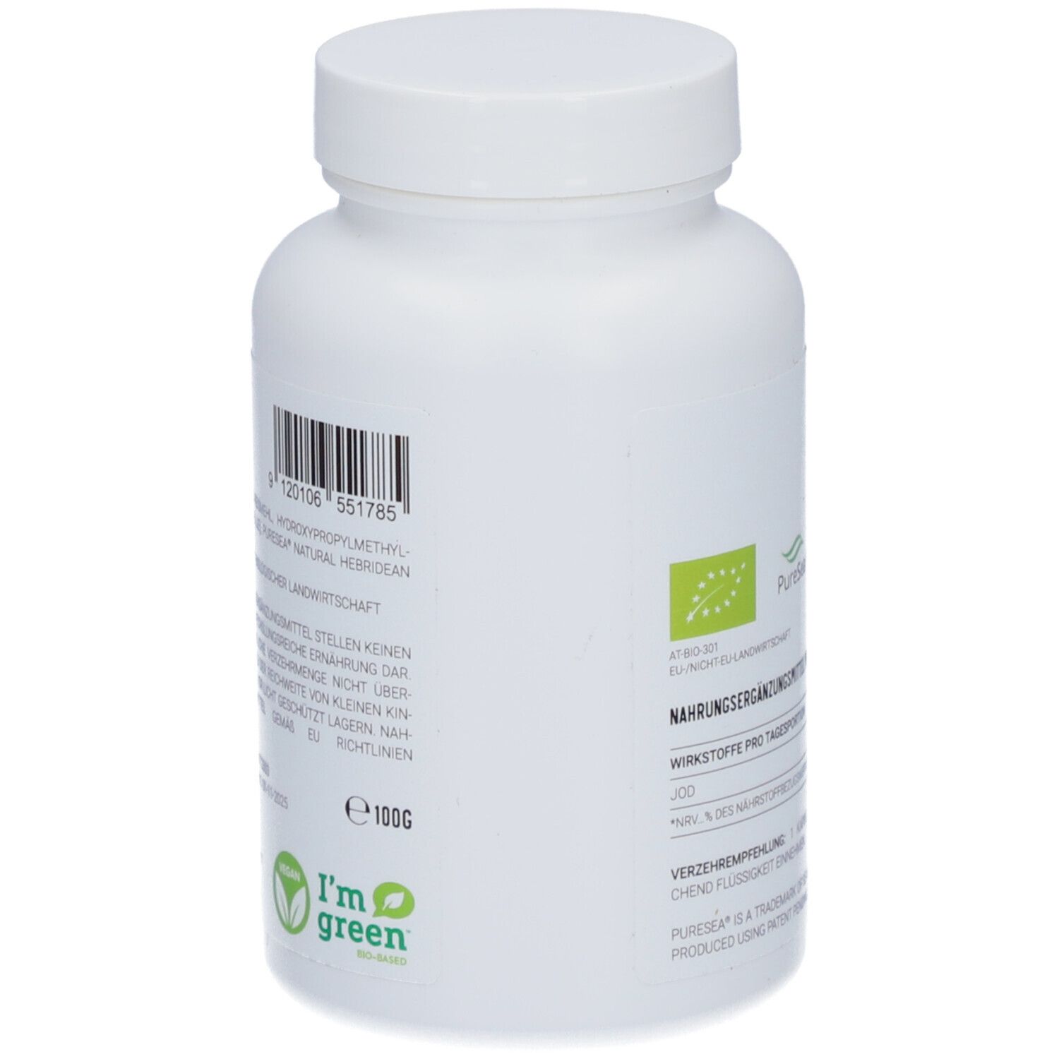 Dos d'un flacon blanc. Code-barres, ingrédients, label bio et logo "I'm green".