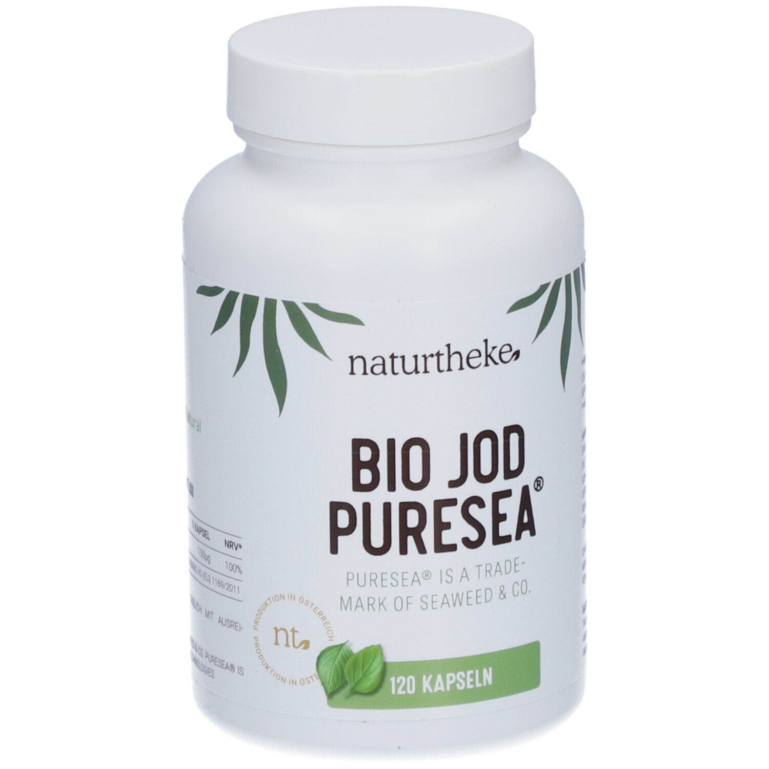 Flacon blanc avec étiquette "naturtheke BIO JOD PURESEA®". 120 gélules. Design vert et blanc.
