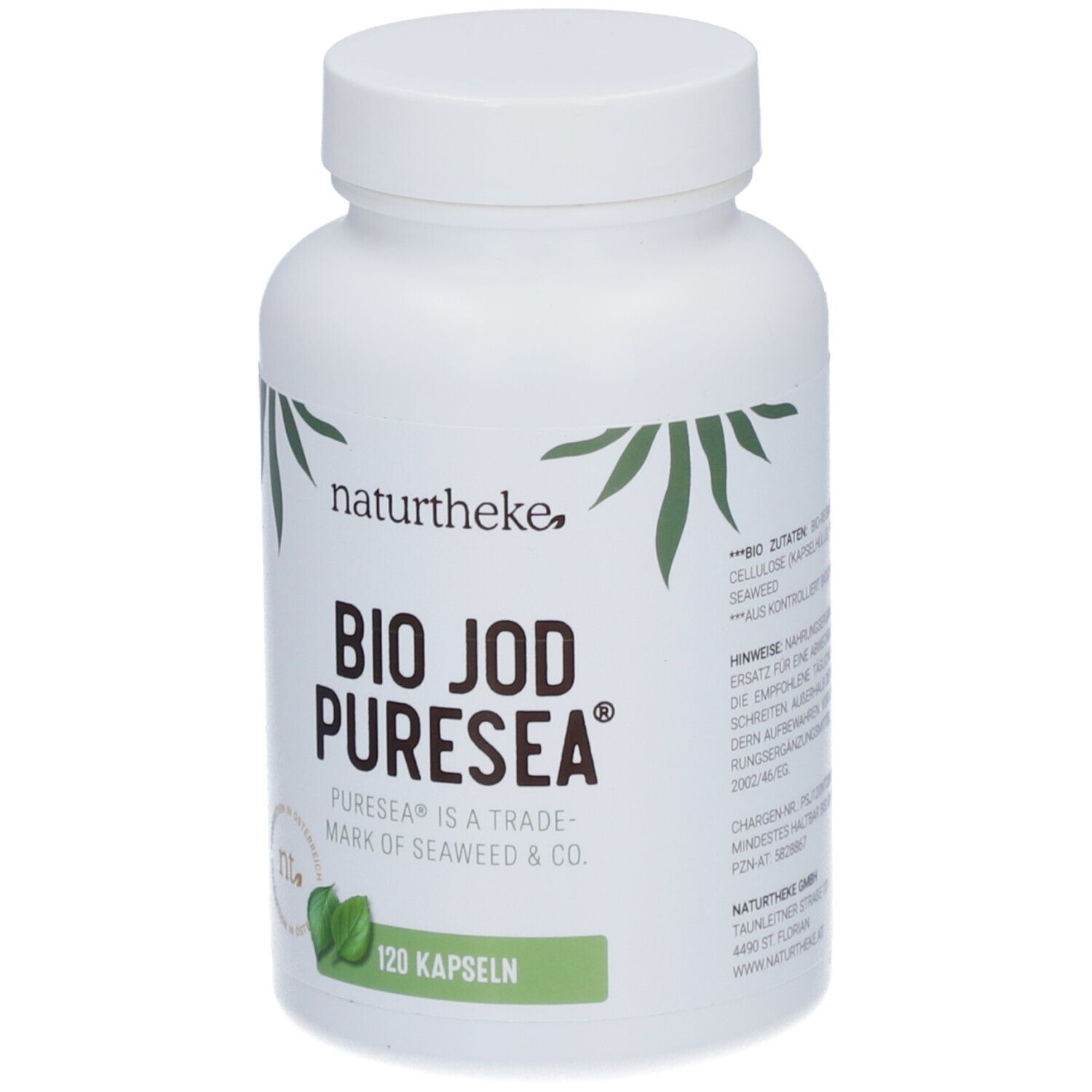 Flacon blanc avec étiquette "naturtheke BIO JOD PURESEA®". 120 gélules. Design vert et blanc.
