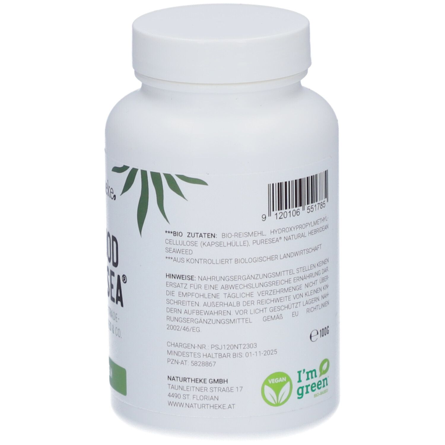 Dos d'un flacon blanc. Code-barres, ingrédients, label bio, logo vegan et "I'm green".