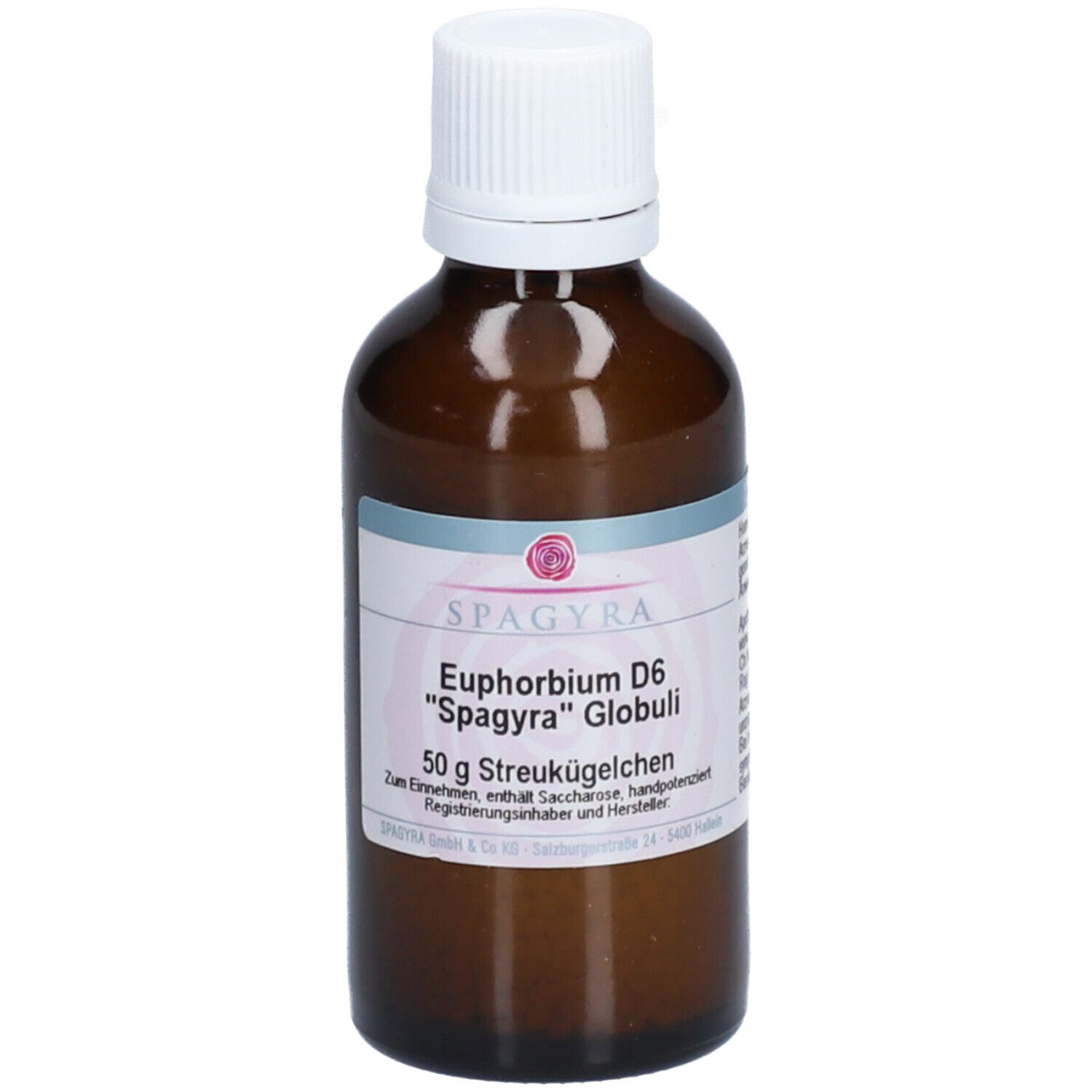 Braune Glasflasche mit weißem Deckel und Etikett. Beschriftung: SPAGYRA, Euphorbium D6 Globuli, 50 g Streukügelchen.