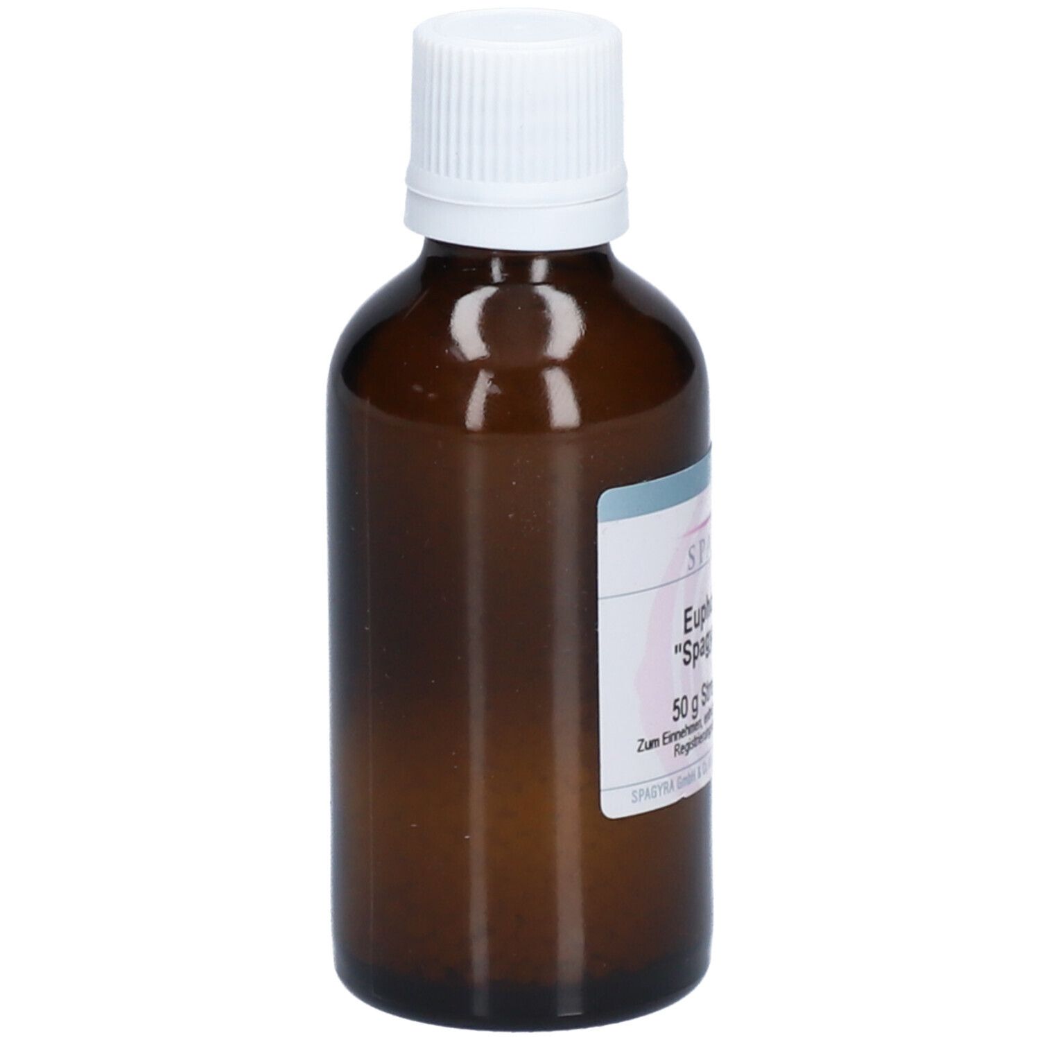 Braune Glasflasche mit weißem Deckel. Etikett mit Produktinformationen. Flasche steht aufrecht.