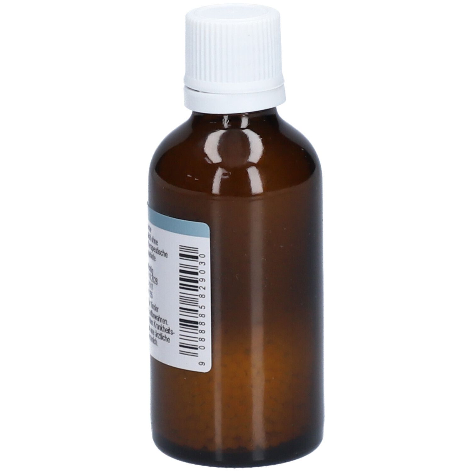 Braune Glasflasche mit weißem Deckel. Rückseite mit Etikett und Barcode. Flasche steht aufrecht.
