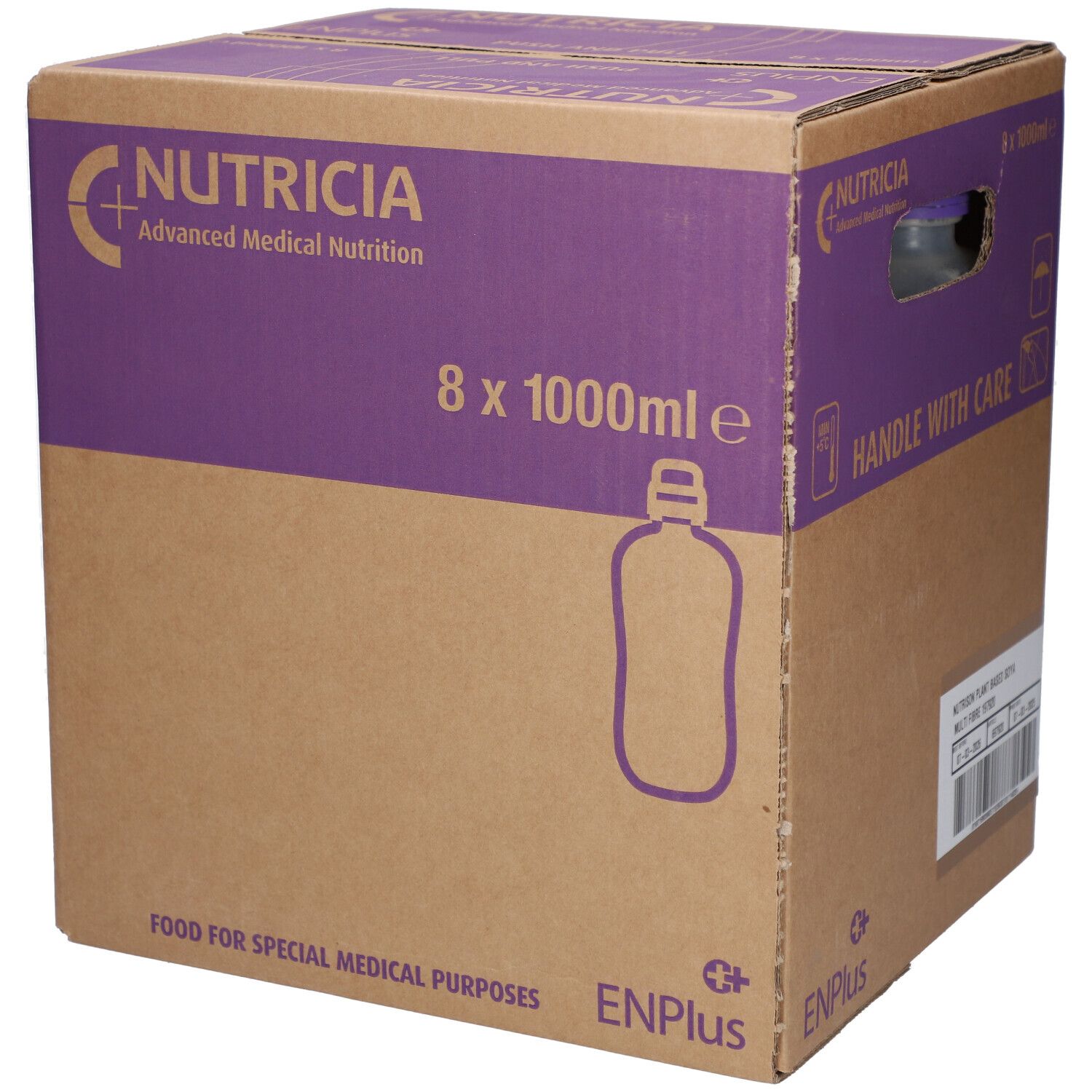 Karton mit Nutrison Soya Multi Fibre. 8 x 1000ml. Marke Nutricia. Aufdrucke: ENPlus, Food for special medical purposes.