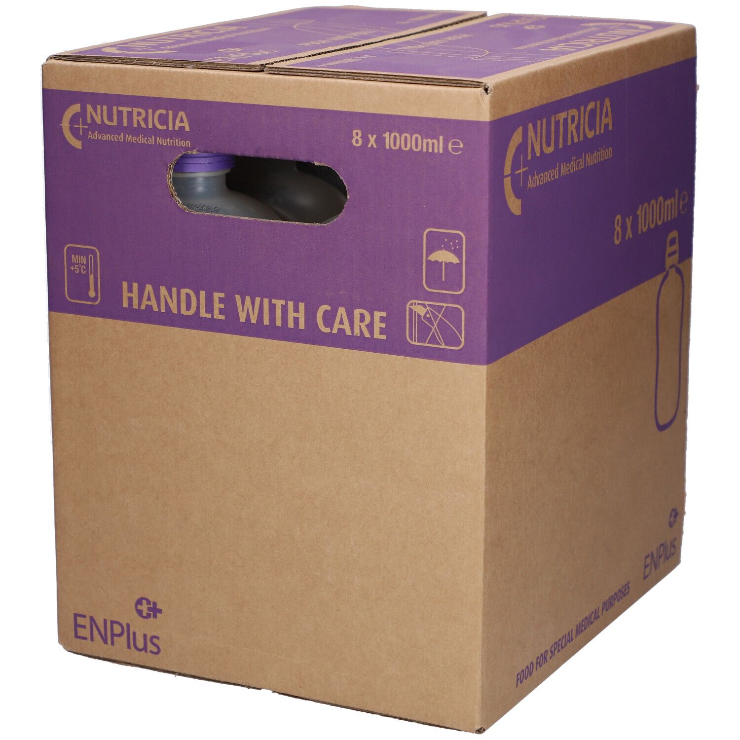 Karton mit Nutrison Soya Multi Fibre. 8 x 1000ml. Marke Nutricia. Aufdrucke: ENPlus, Handle with care, Food for special medical purposes.