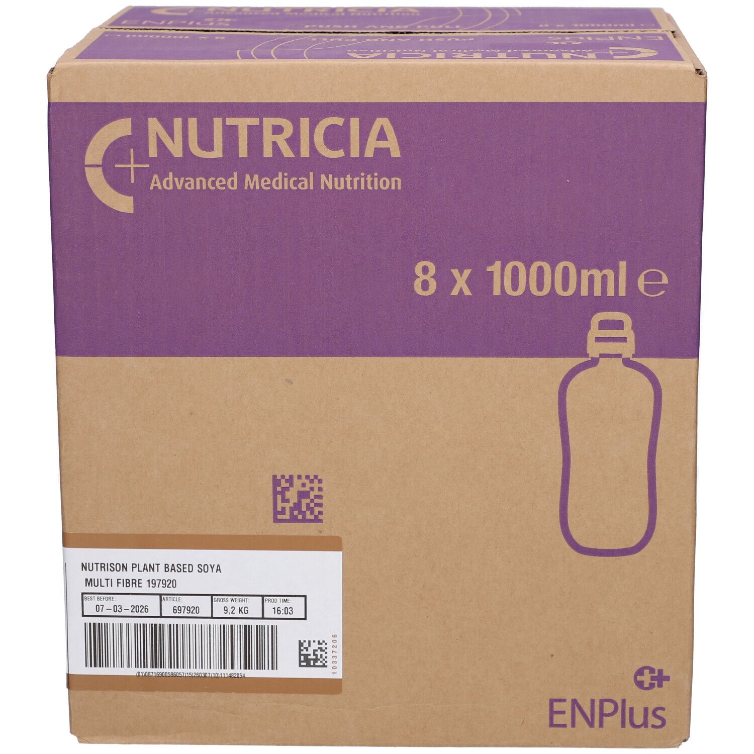 Karton mit Nutrison Soya Multi Fibre. 8 x 1000ml. Marke Nutricia. Aufdrucke: ENPlus, Barcode, Produktinformationen.