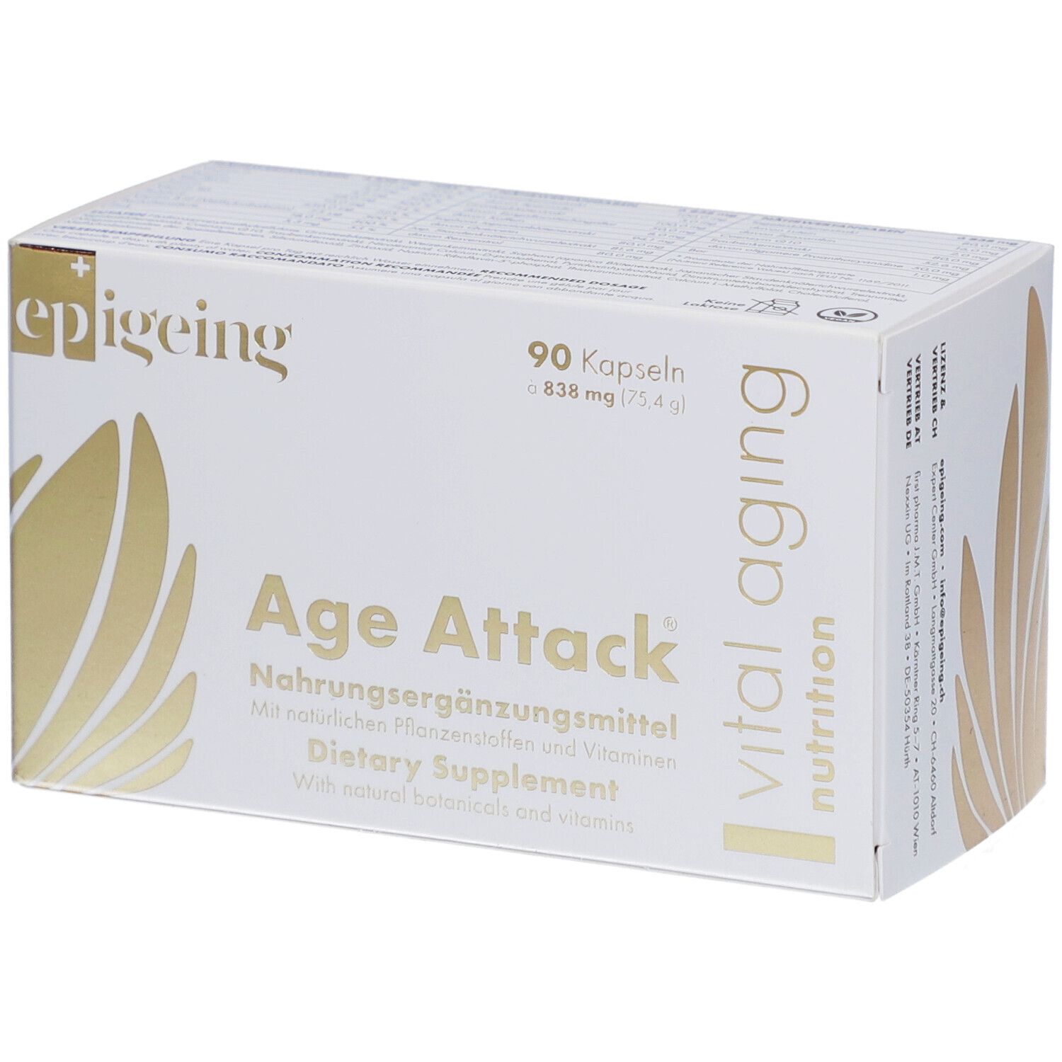 Weiße Schachtel mit "epigeing" und "Age Attack" Aufdruck. Enthält 90 Kapseln. Aufschrift: Nahrungsergänzungsmittel.