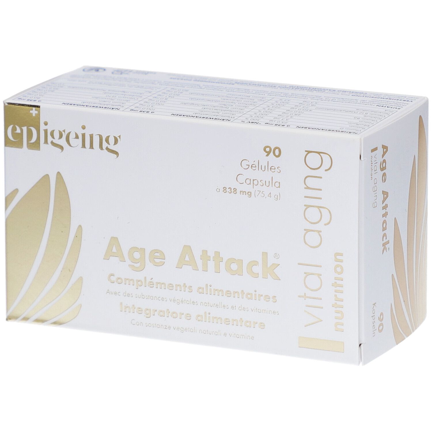 Weiße Schachtel mit "epigeing" und "Age Attack". Enthält 90 Gelules. Aufschrift: Nahrungsergänzungsmittel. Goldfarbene Verzierungen.