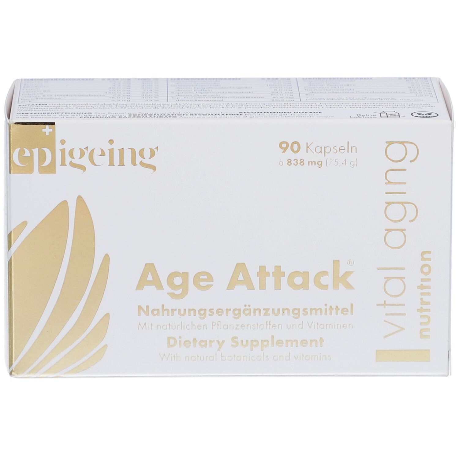 Weiße Schachtel mit "epigeing" und "Age Attack". Enthält 90 Kapseln. Aufschrift: Nahrungsergänzungsmittel. Goldfarbene Verzierungen.