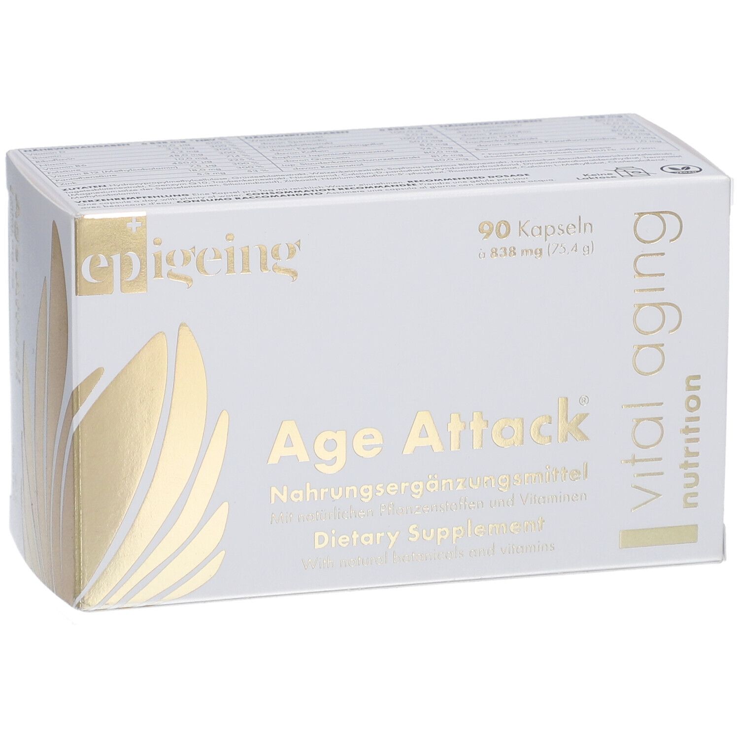 Weiße Schachtel mit "epigeing" und "Age Attack". Enthält 90 Kapseln. Aufschrift: Nahrungsergänzungsmittel. Goldfarbene Verzierungen.