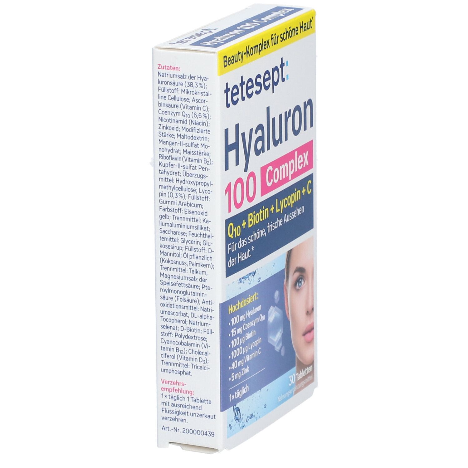 Schrägansicht der Verpackung von tetesept Hyaluron 100 Complex. Aufdrucke: Hyaluron, Q10, Biotin, Lycopin, Vitamin C.