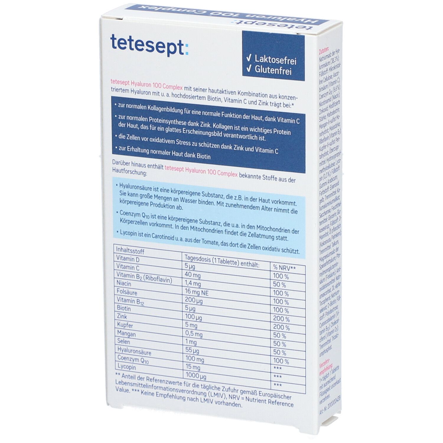 Rückseite der Verpackung von tetesept Hyaluron 100 Complex. Text über Inhaltsstoffe und Nährwerte. Lactosefrei, glutenfrei.