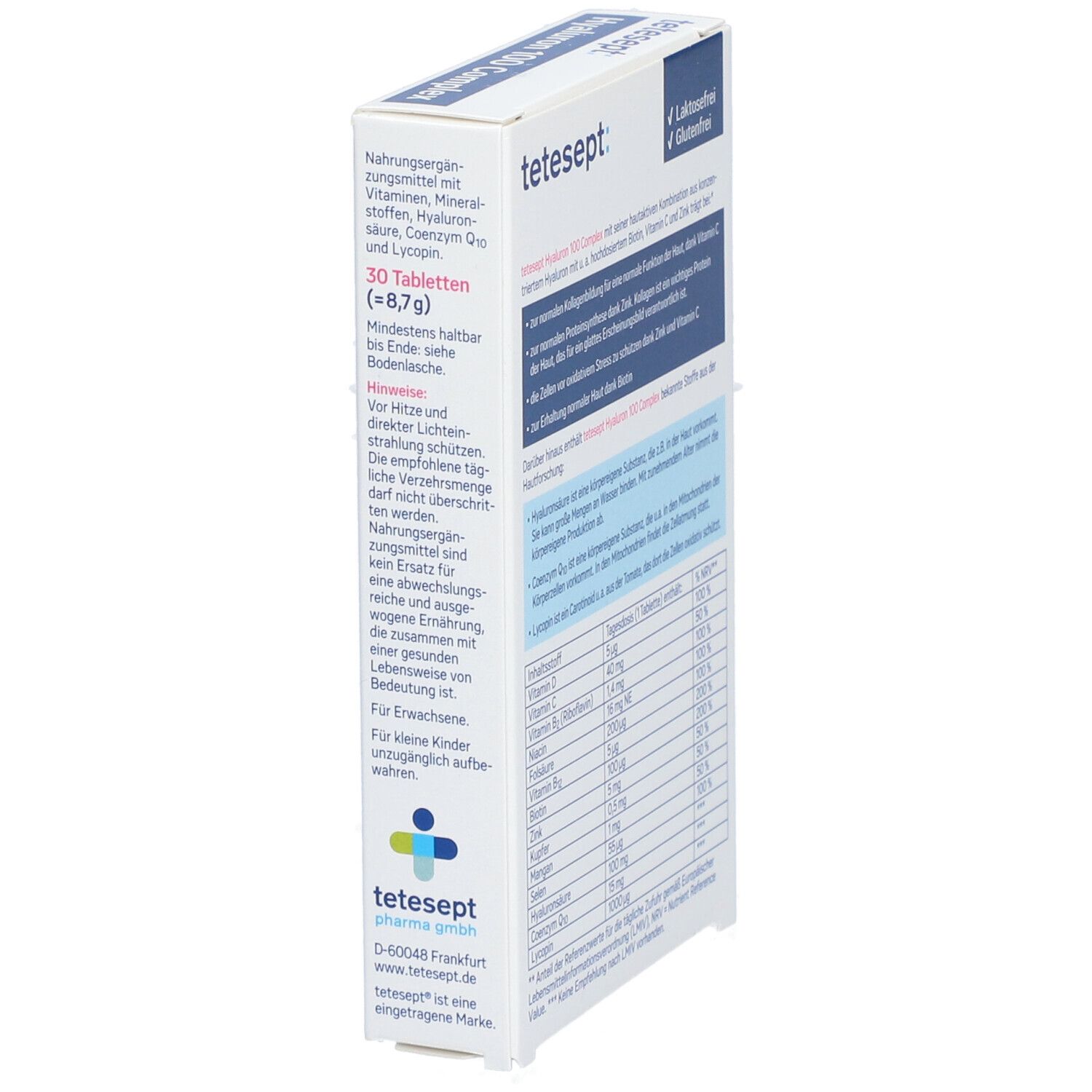 Seitenansicht der Verpackung von tetesept Hyaluron 100 Complex. Text über Inhaltsstoffe und Nährwerte.