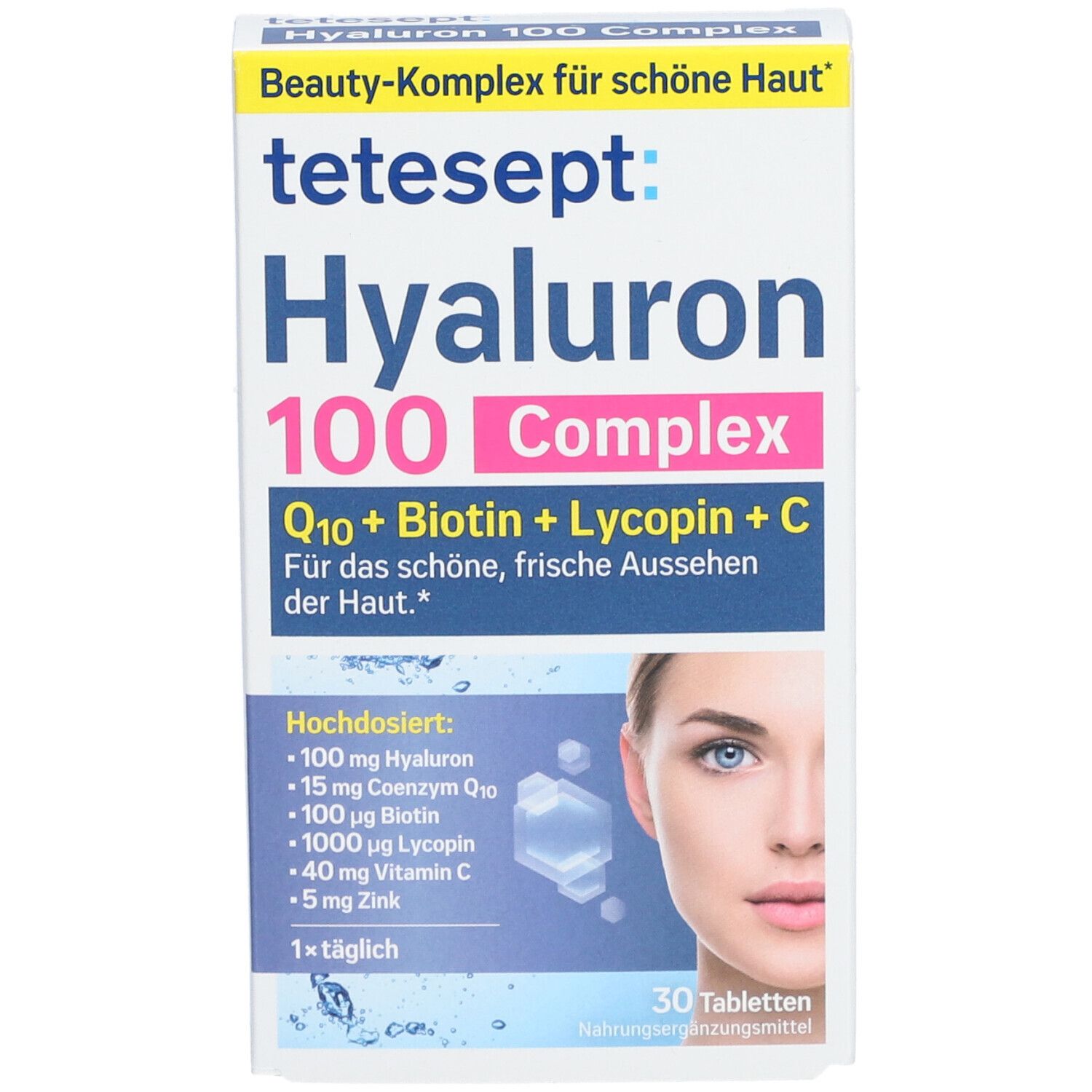 Verpackung mit tetesept Hyaluron 100 Complex. Enthält Tabletten. Aufdrucke: Hyaluron, Q10, Biotin, Lycopin, Vitamin C.