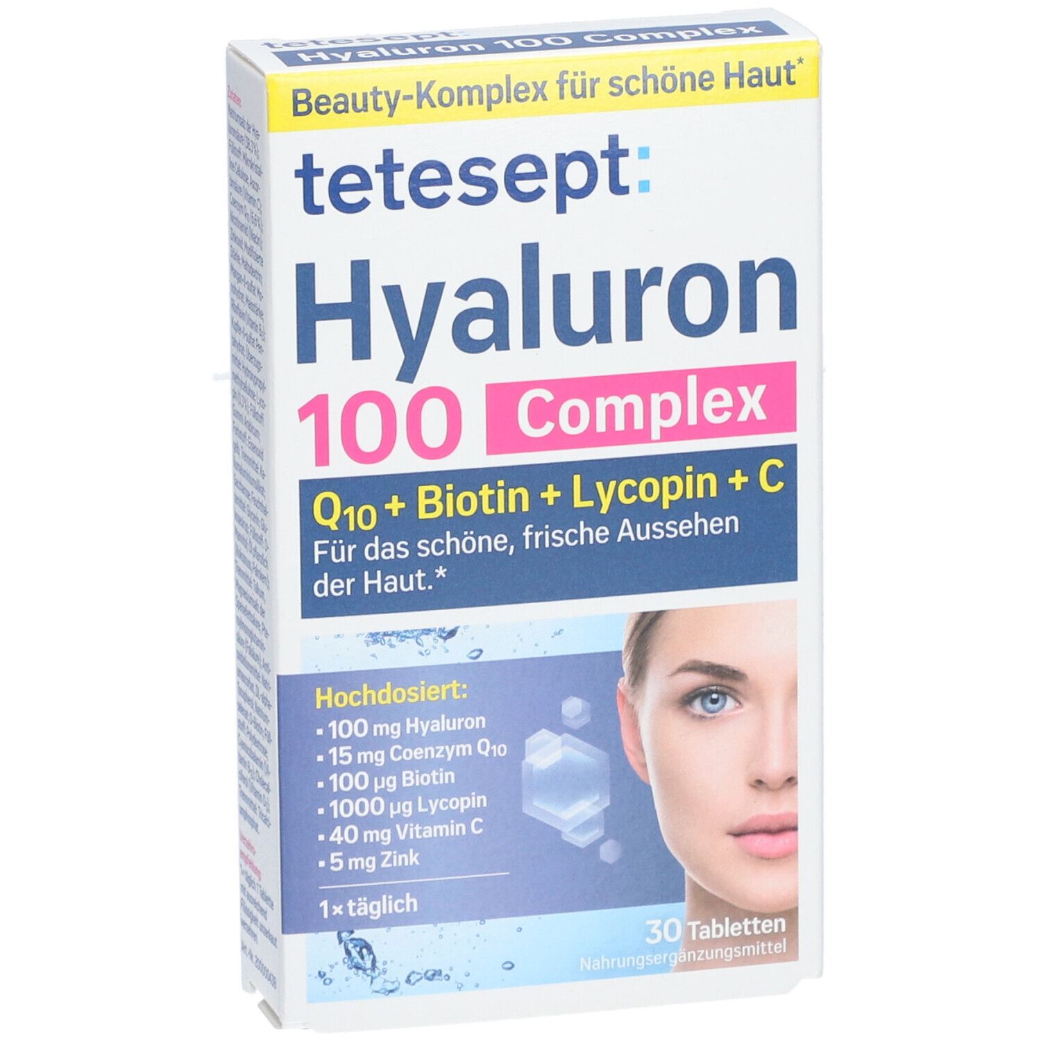 Verpackung mit tetesept Hyaluron 100 Complex. Enthält Tabletten. Aufdrucke: Hyaluron, Q10, Biotin, Lycopin, Vitamin C.