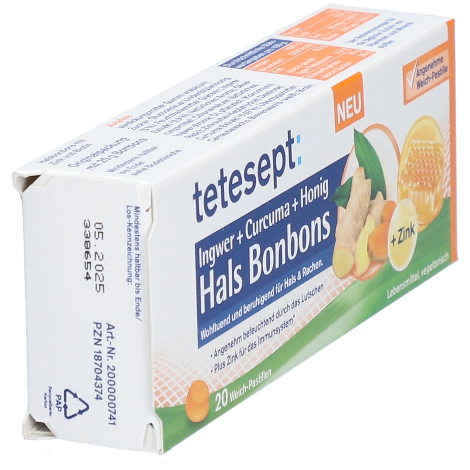 tetesept Hals Bonbons Packung, Ansicht von der Seite. Aufdruck mit Produktnamen, Inhaltsstoffen und Mindesthaltbarkeitsdatum.