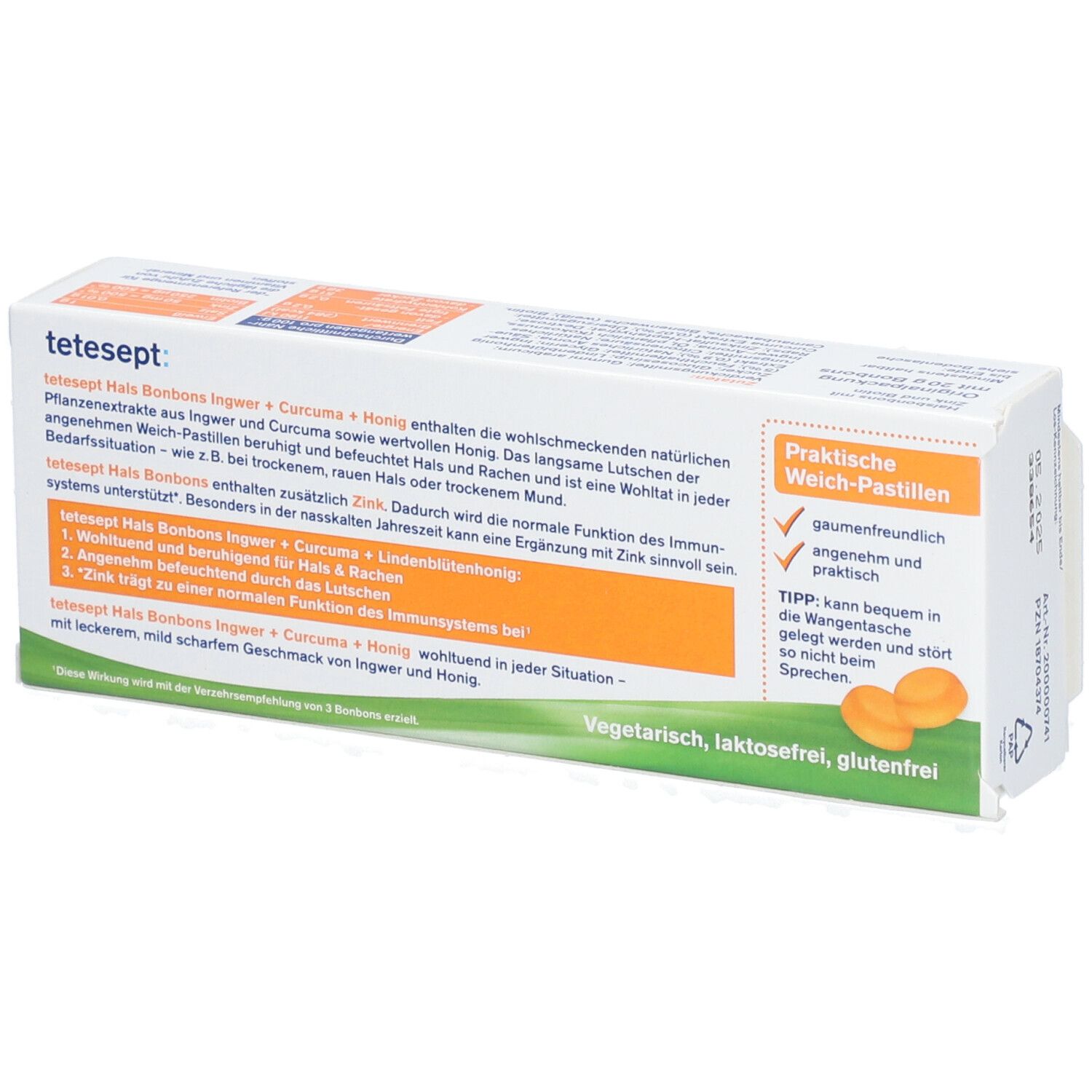 Rückseite der tetesept Hals Bonbons Packung. Text mit Produktinformationen und Angaben zu Inhaltsstoffen und Anwendung.
