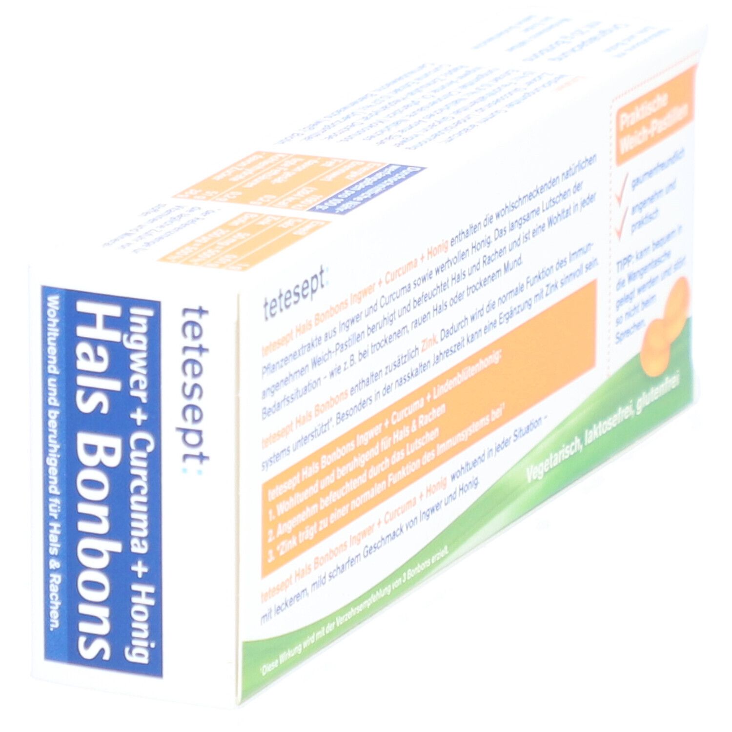 tetesept Hals Bonbons Packung, schräge Ansicht. Produktname und Abbildung von Ingwer, Kurkuma und Honigwabe.