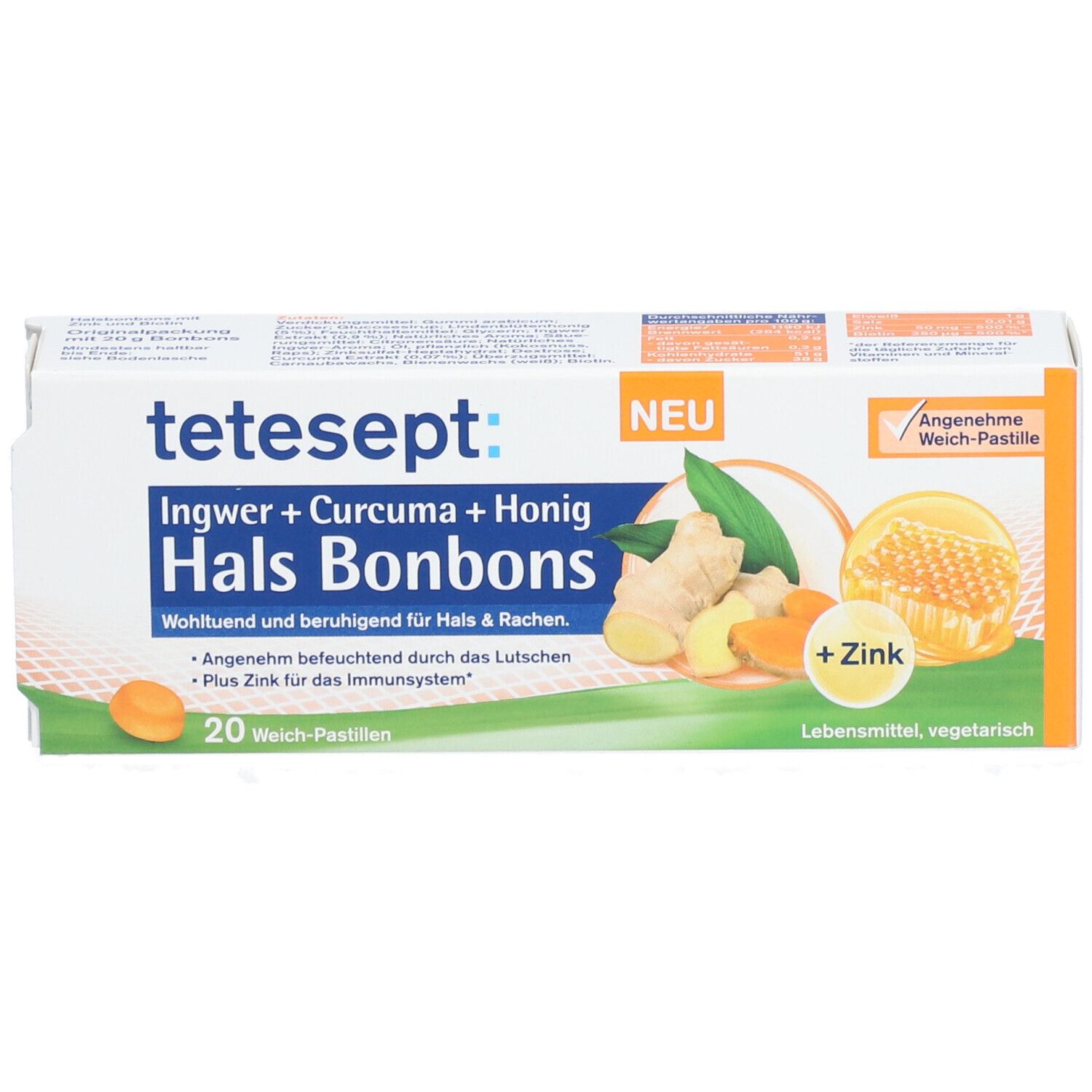 tetesept Hals Bonbons Packung. 20 Weich-Pastillen. Abbildung von Ingwer, Kurkuma und Honigwabe. Produktname und Logo.