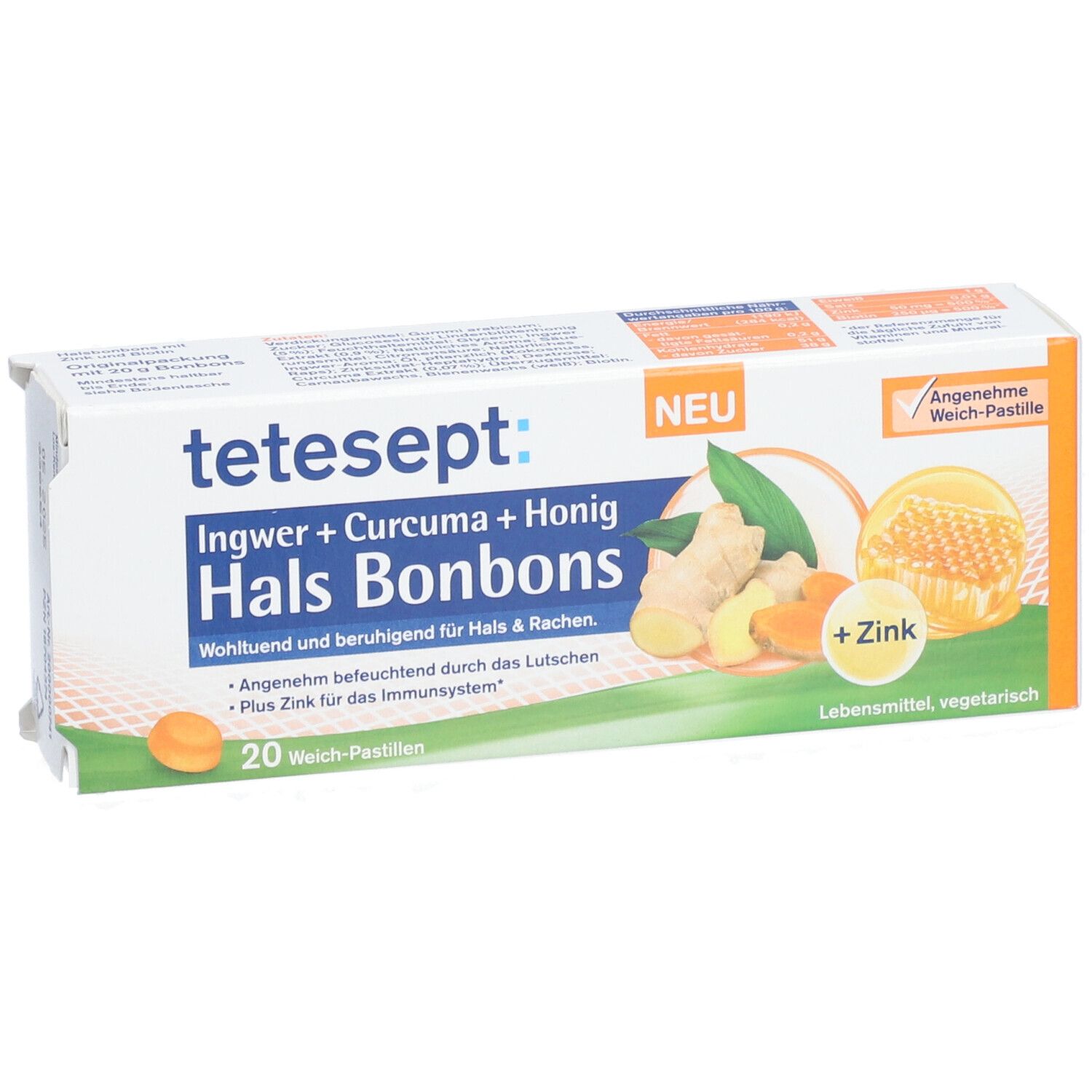 tetesept Hals Bonbons Packung. 20 Weich-Pastillen. Abbildung von Ingwer, Kurkuma und Honigwabe. Produktname und Logo.