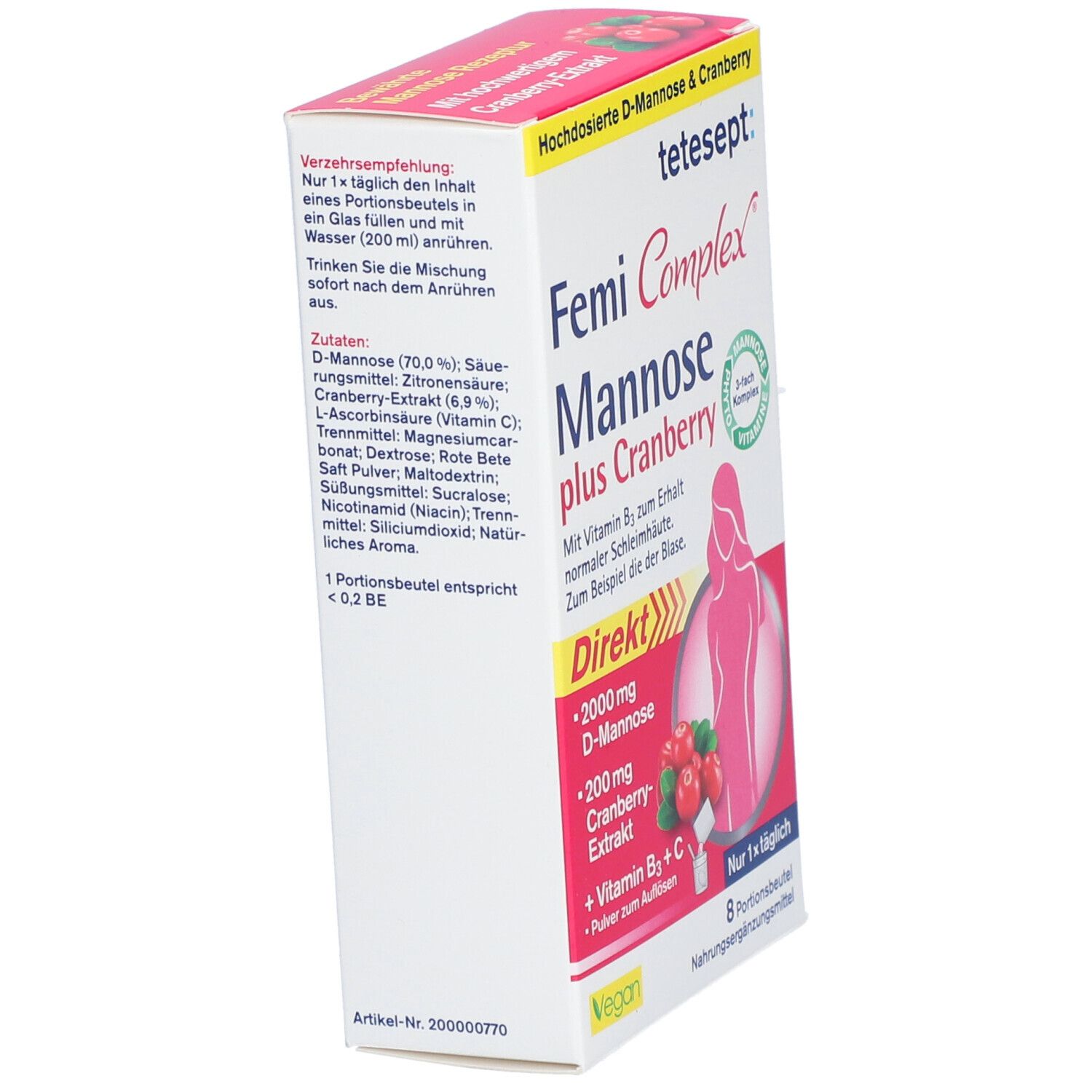 tetesept Femi Complex Mannose plus Cranberry-Verpackung. Weiße Schachtel mit rosa Akzenten. Produktname, Inhaltsstoffe und Logo.