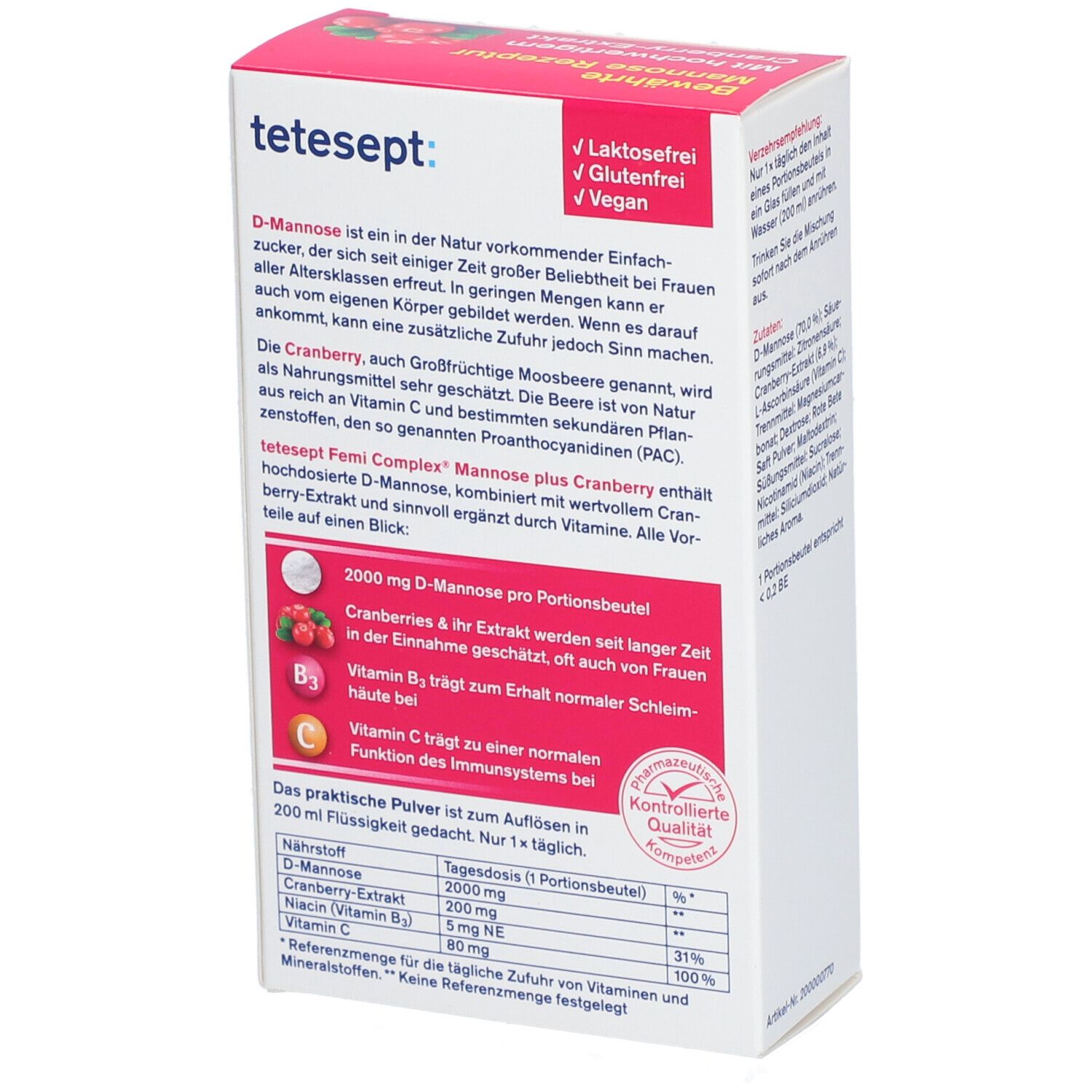 Rückseite der tetesept Femi Complex Mannose plus Cranberry-Verpackung. Textinformationen, Inhaltsstoffe, Nährwertangaben und Qualitätszeichen.