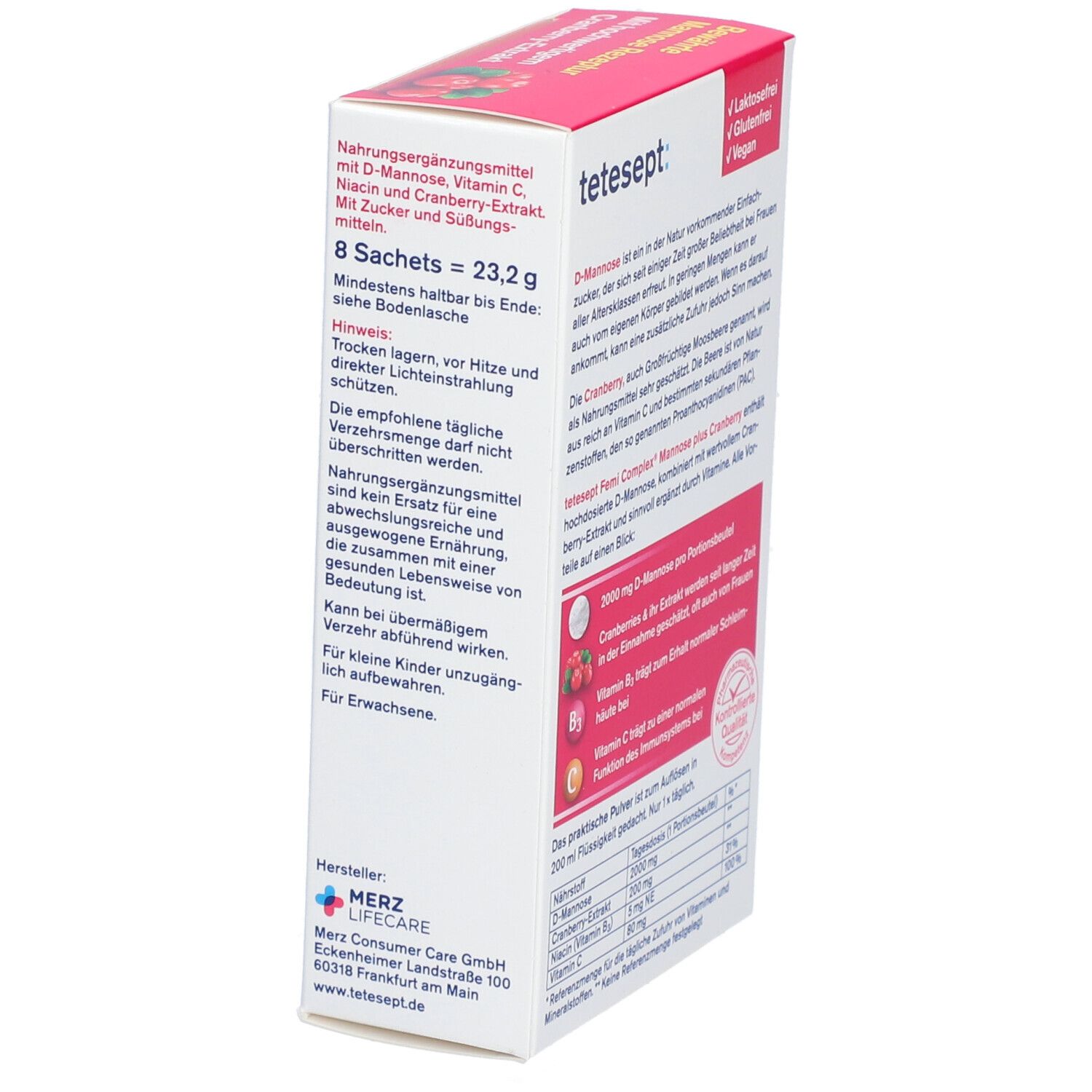 tetesept Femi Complex Mannose plus Cranberry-Verpackung. Textinformationen, Inhaltsstoffe, Nährwertangaben und Qualitätszeichen.