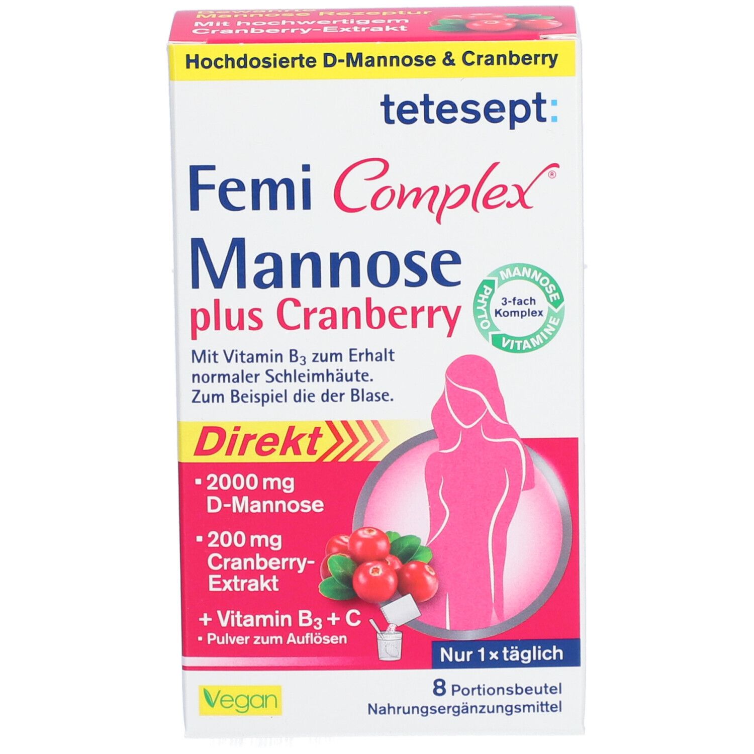 tetesept Femi Complex Mannose plus Cranberry-Verpackung. Rosa-weiße Schachtel mit Produktinformationen und Illustrationen. 8 Portionsbeutel.