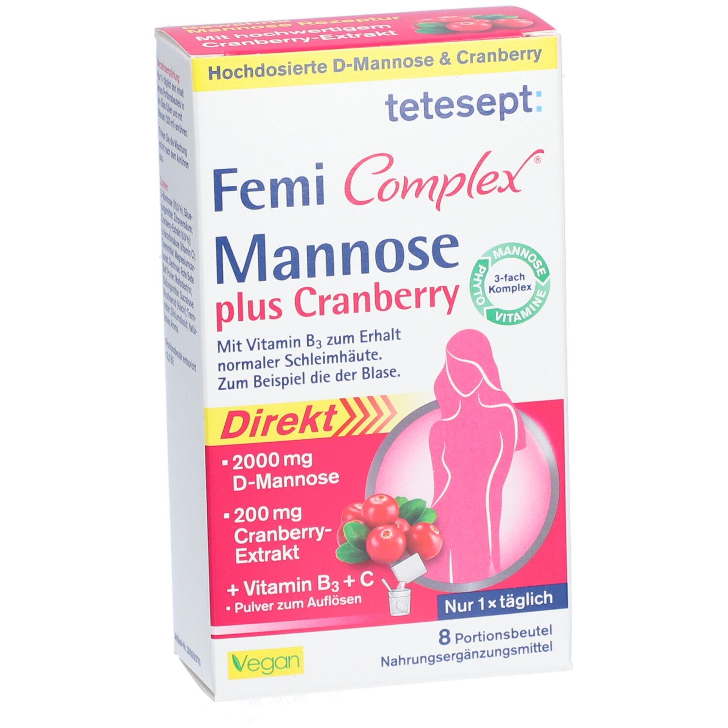 tetesept Femi Complex Mannose plus Cranberry-Verpackung. Rosa-weiße Schachtel mit Produktinformationen und Illustrationen. 8 Portionsbeutel.