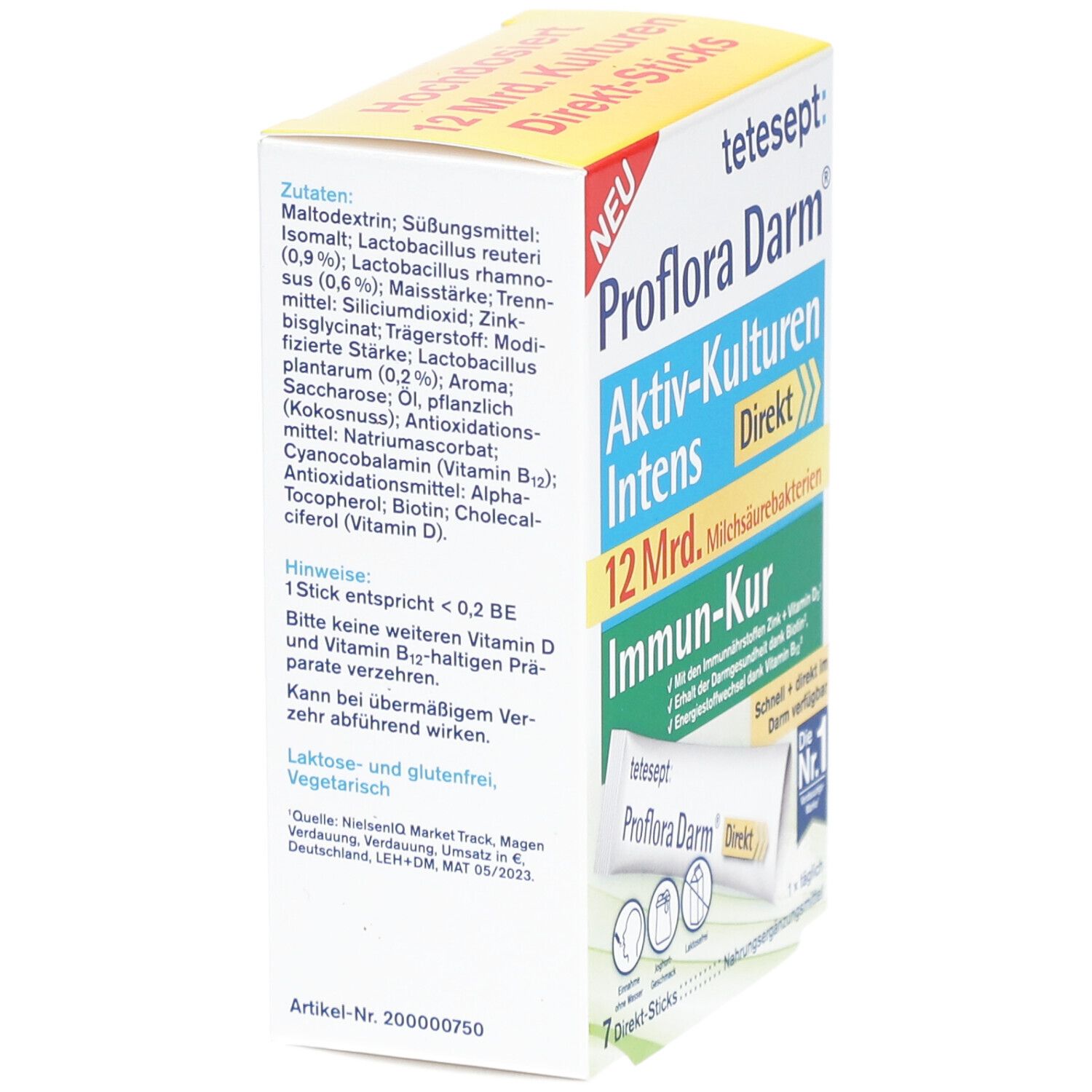 Verpackung von tetesept Proflora Darm® Aktiv-Kulturen Intens Direkt Sticks. Zutatenliste und Nährwertangaben. 7 Sticks.