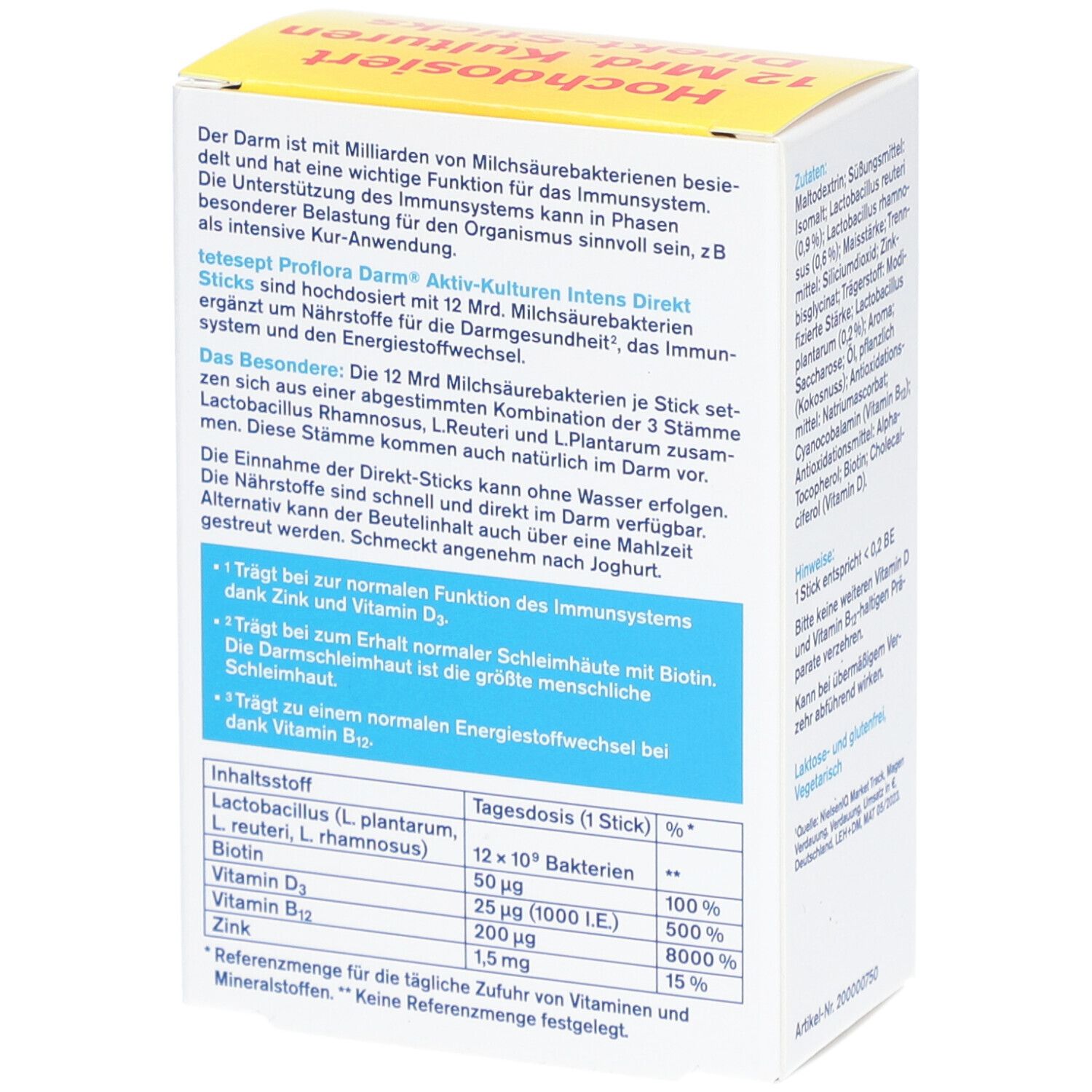 Rückseite der Verpackung von tetesept Proflora Darm® Aktiv-Kulturen Intens Direkt Sticks. Text über die Anwendung und Inhaltsstoffe.