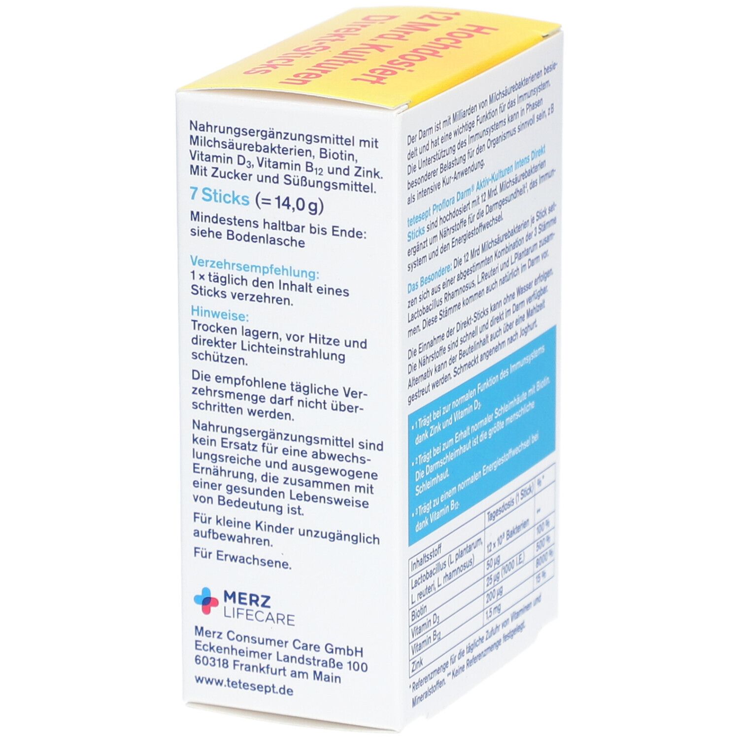 Verpackung von tetesept Proflora Darm® Aktiv-Kulturen Intens Direkt Sticks. Rückseite mit Text und Nährwertangaben. 7 Sticks.