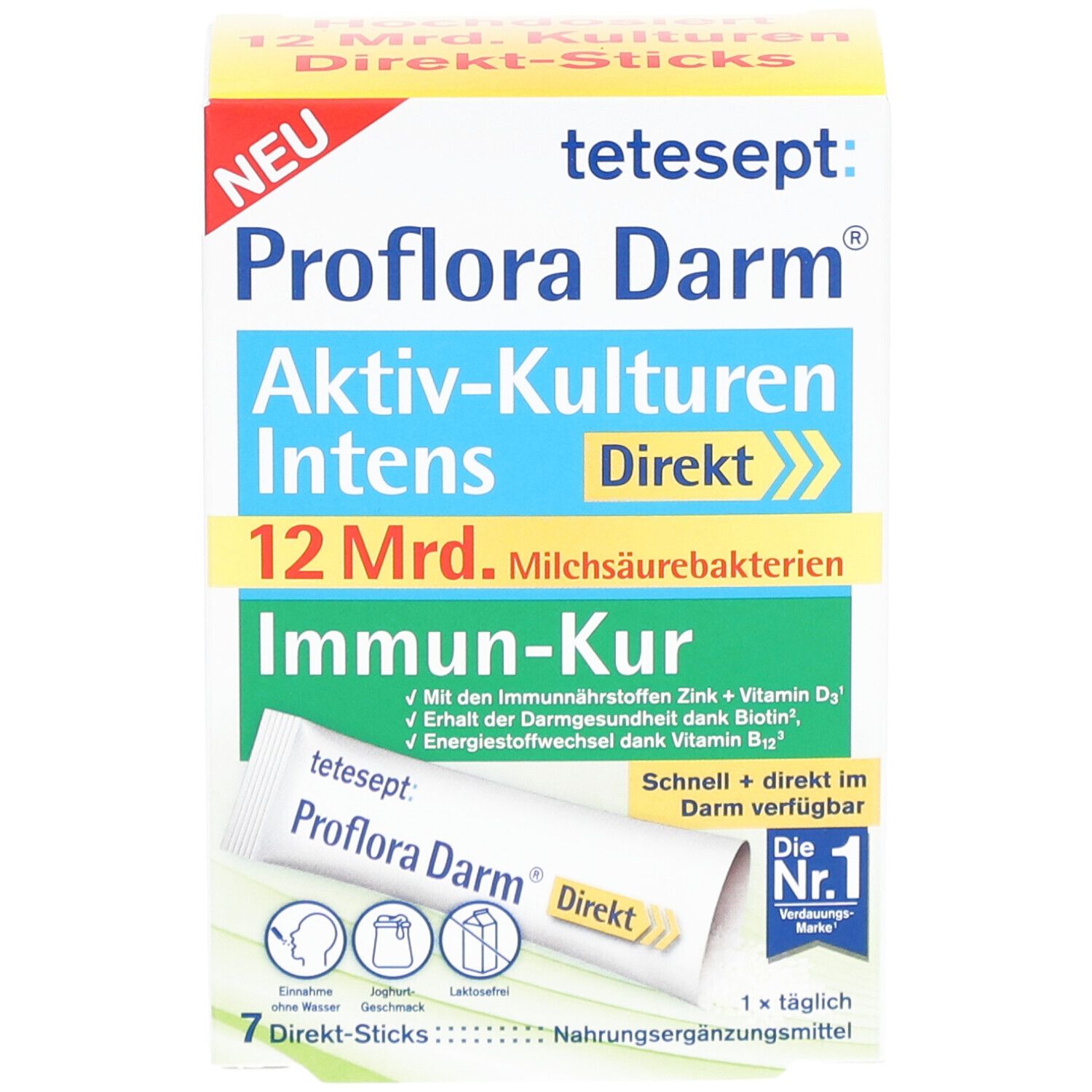 Verpackung von tetesept Proflora Darm® Aktiv-Kulturen Intens Direkt Sticks. 7 Sticks. Aufschrift: 12 Mrd. Milchsäurebakterien, Immun-Kur.
