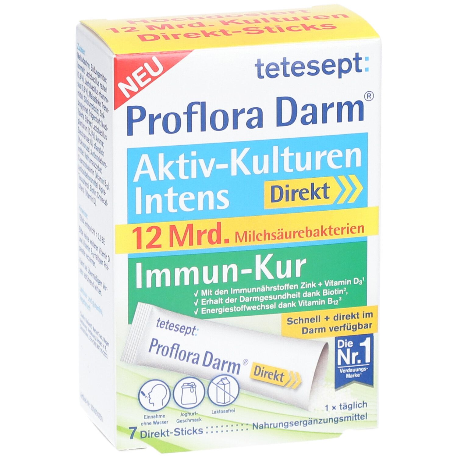 Verpackung von tetesept Proflora Darm® Aktiv-Kulturen Intens Direkt Sticks. 7 Sticks. Aufschrift: 12 Mrd. Milchsäurebakterien, Immun-Kur.