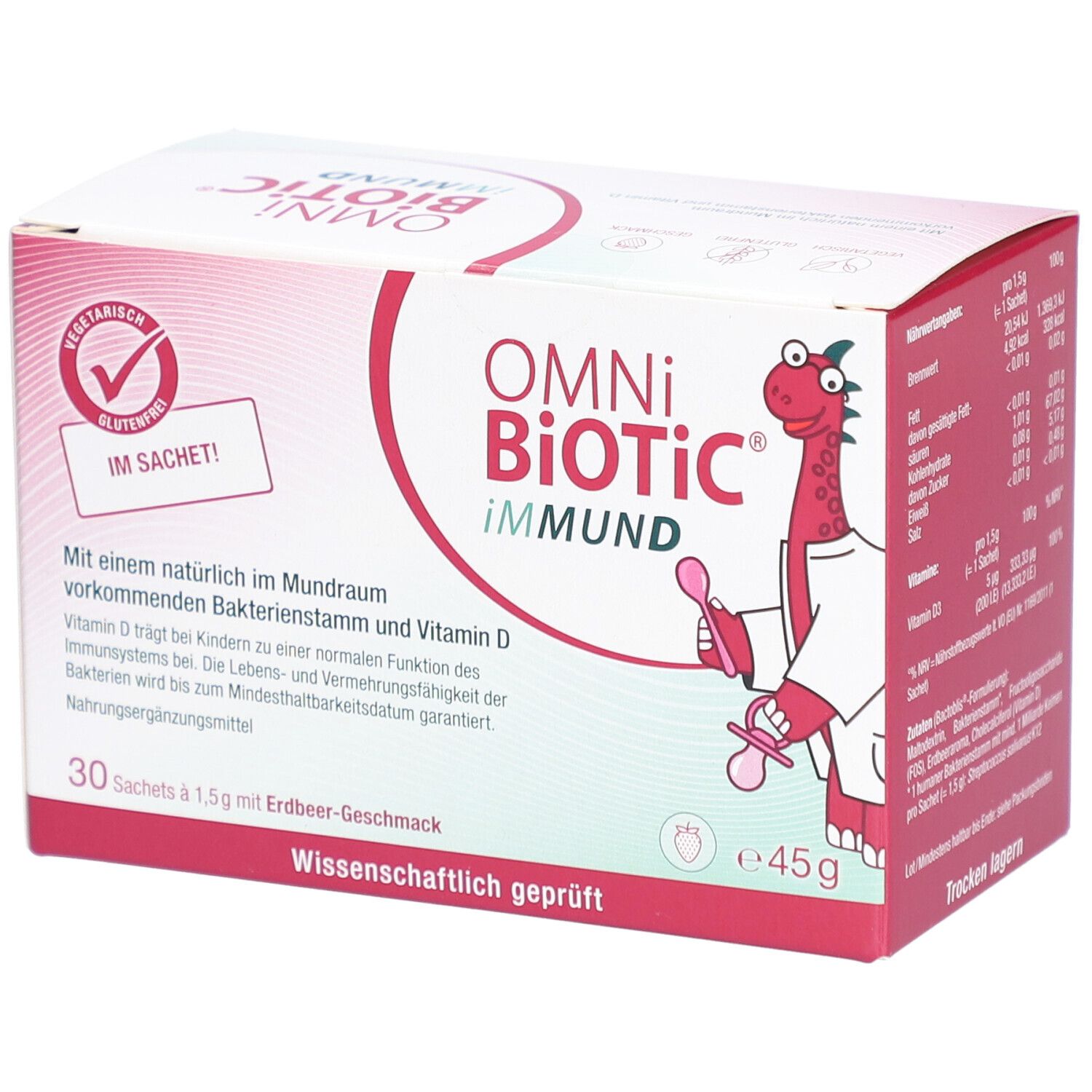 Karton OMNi-BiOTiC iMMUND. Enthält 30 Sachets. Aufdrucke: Vitamin D, glutenfrei, Erdbeer-Geschmack, wissenschaftlich geprüft.