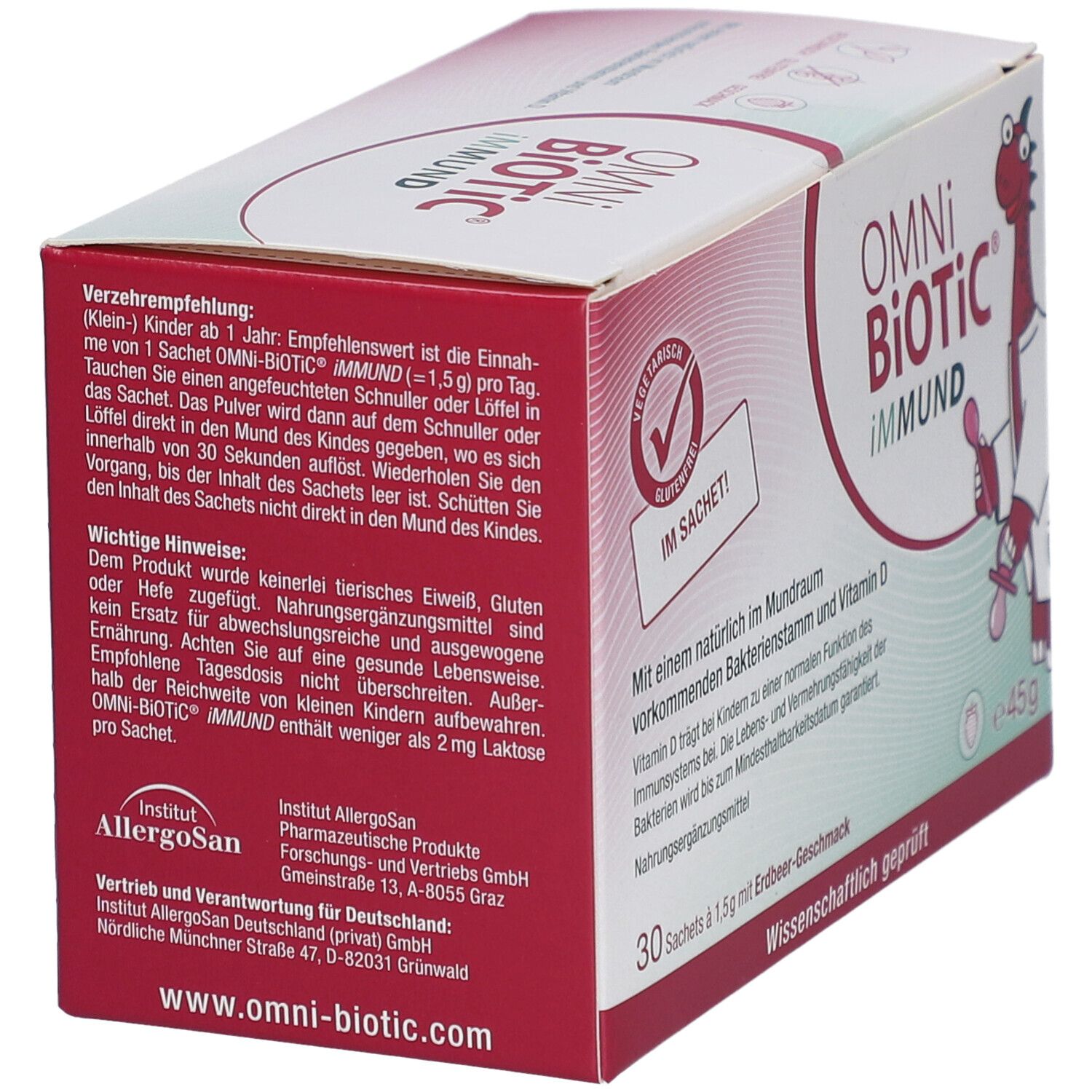 Karton OMNi-BiOTiC iMMUND. Rückseite mit Informationen zur Anwendung, Inhaltsstoffen und Hersteller. Glutenfrei.