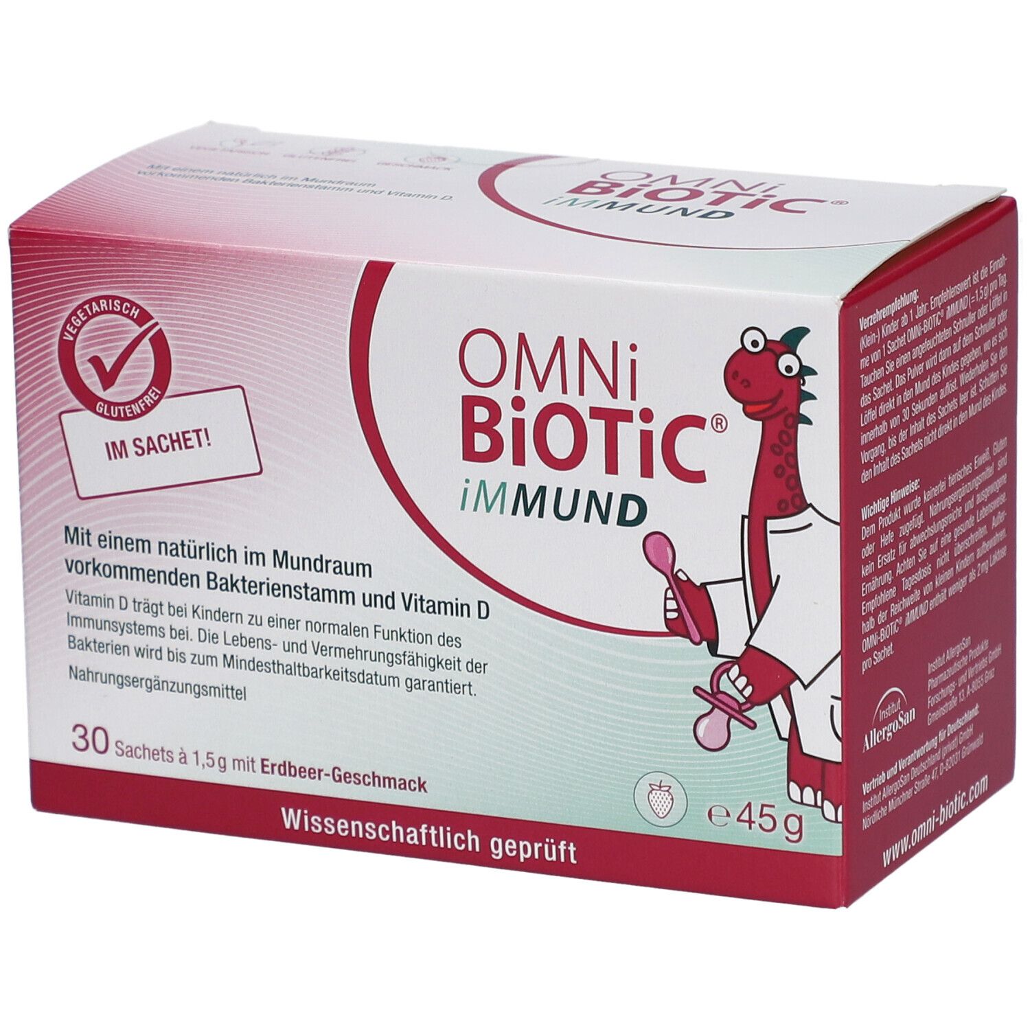 Karton OMNi-BiOTiC iMMUND. Enthält 30 Sachets. Aufdrucke: Vitamin D, glutenfrei, Erdbeer-Geschmack, wissenschaftlich geprüft.