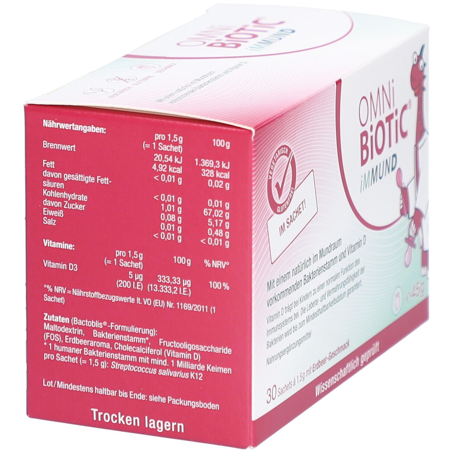 Karton OMNi-BiOTiC iMMUND. Nährwerttabelle und Zutatenliste. Enthält Vitamin D. Trocken lagern.