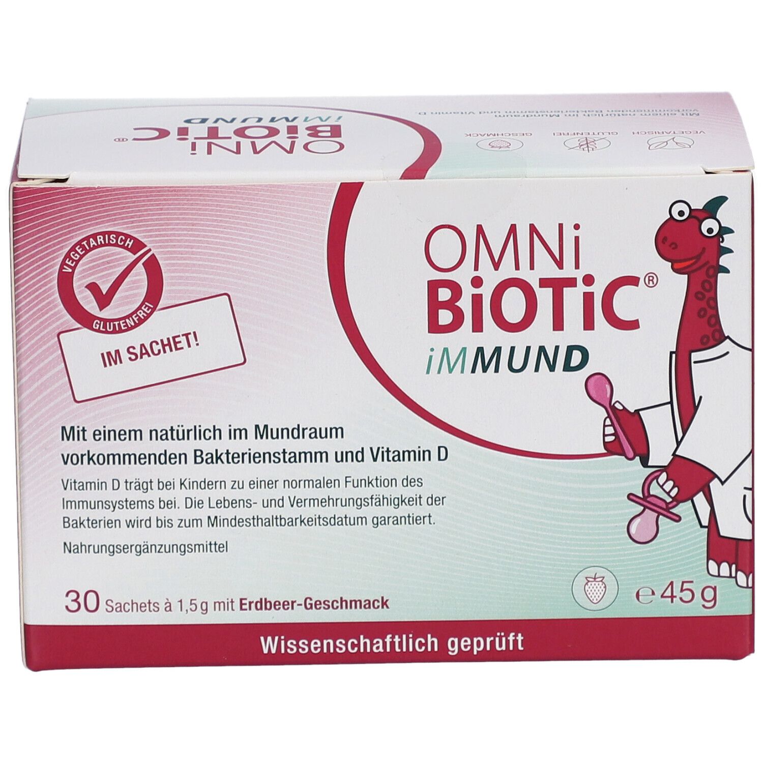 Karton OMNi-BiOTiC iMMUND. Enthält 30 Sachets. Aufdrucke: Vitamin D, glutenfrei, Erdbeer-Geschmack, wissenschaftlich geprüft.