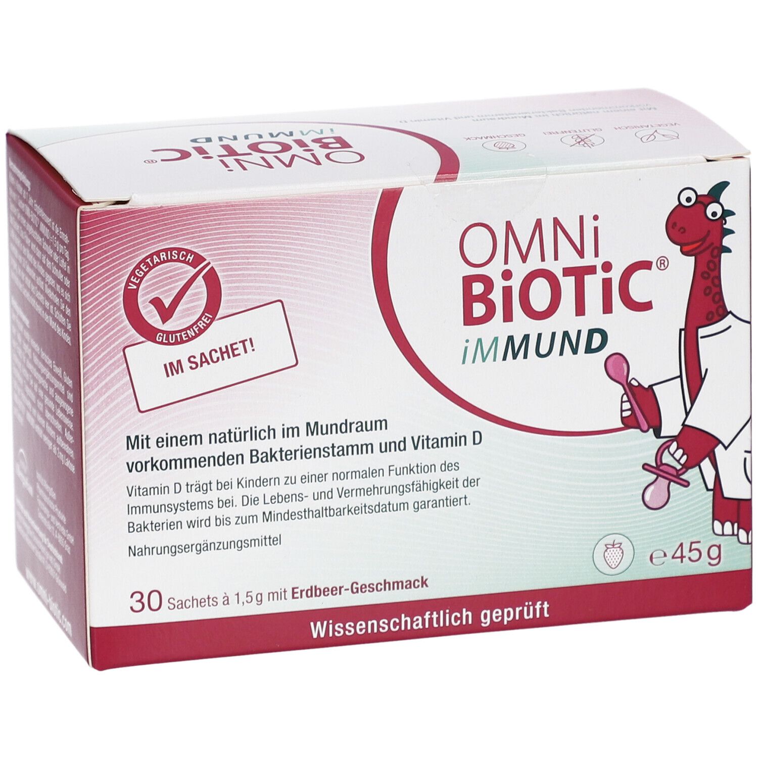 Karton OMNi-BiOTiC iMMUND. Enthält 30 Sachets. Aufdrucke: Vitamin D, glutenfrei, Erdbeer-Geschmack, wissenschaftlich geprüft.