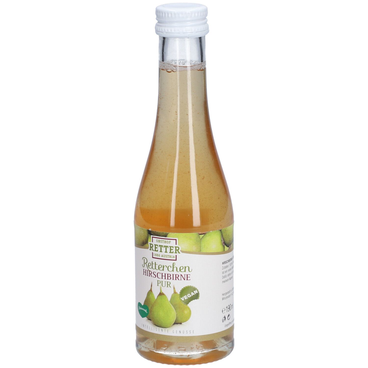 Glasflasche mit hellem Inhalt und weißem Deckel. Etikett mit Text und grünen Birnen. Vegan-Siegel.