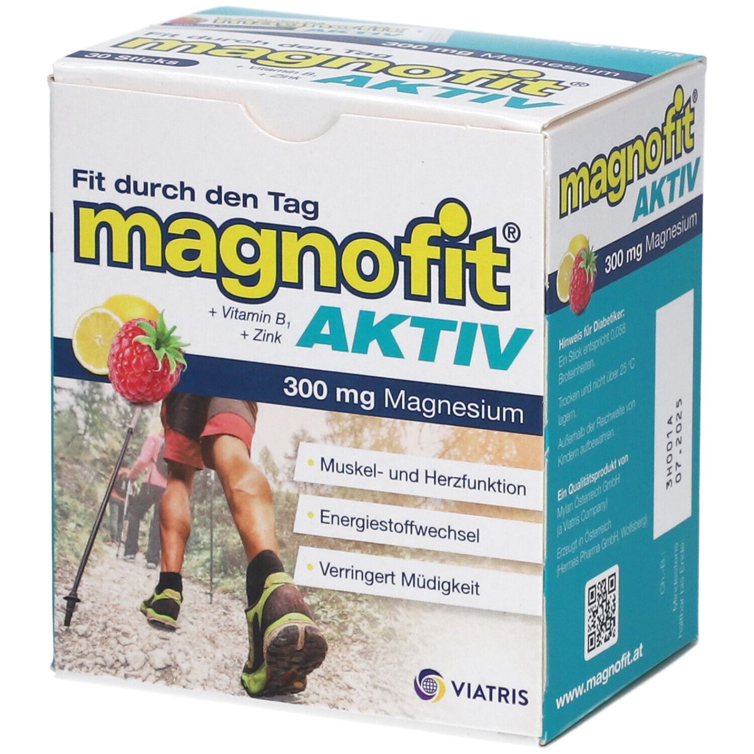 Schachtel mit Magnofit Aktiv. Aufschrift: 300 mg Magnesium, Vitamin B1, Zink. Abbildung einer Person beim Wandern.