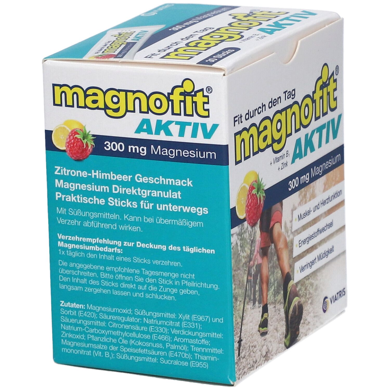 Schachtel Magnofit Aktiv. Aufschrift: 300 mg Magnesium. Geschmack: Zitrone-Himbeer. Magnesium Direktgranulat. Praktische Sticks.