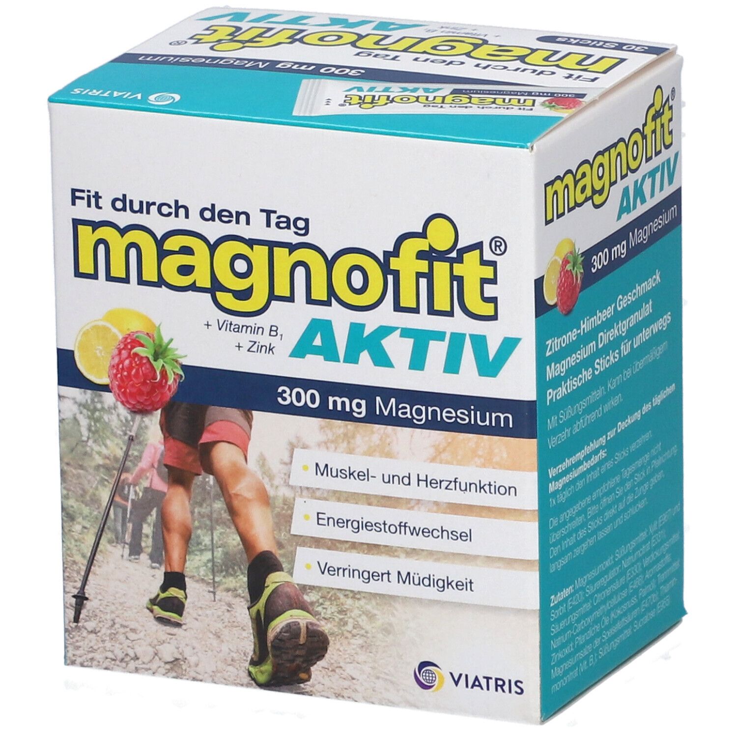 Schachtel Magnofit Aktiv. Aufschrift: 300 mg Magnesium, Vitamin B1, Zink. Abbildung einer Person beim Wandern.