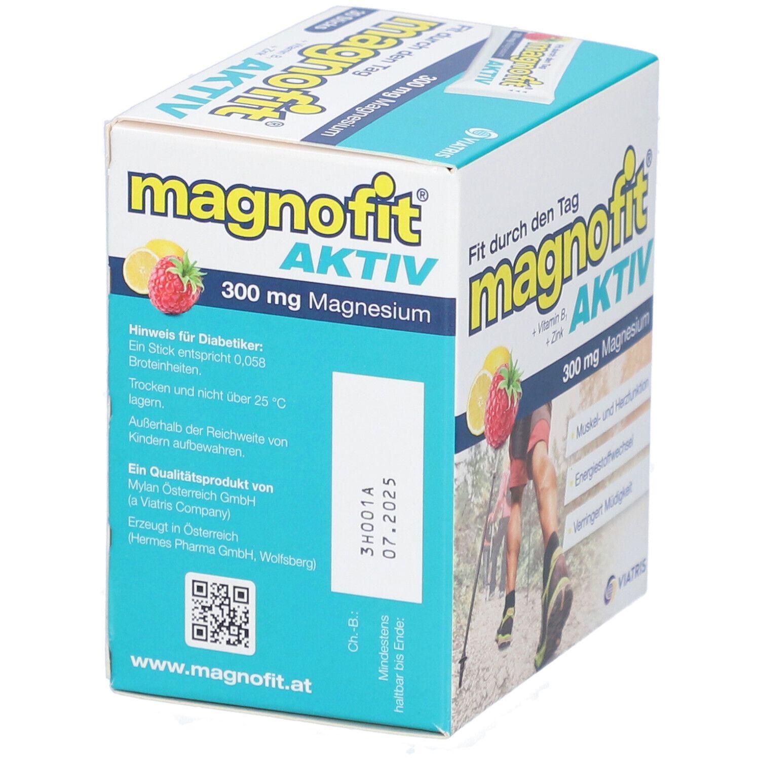 Schachtel Magnofit Aktiv. Aufschrift: 300 mg Magnesium. Hinweis für Diabetiker. Mindestens haltbar bis 07.2025.