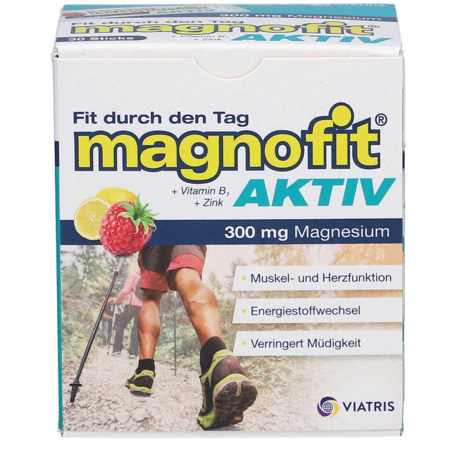 Schachtel Magnofit Aktiv. Aufschrift: 300 mg Magnesium, Vitamin B1, Zink. Abbildung einer Person beim Wandern.