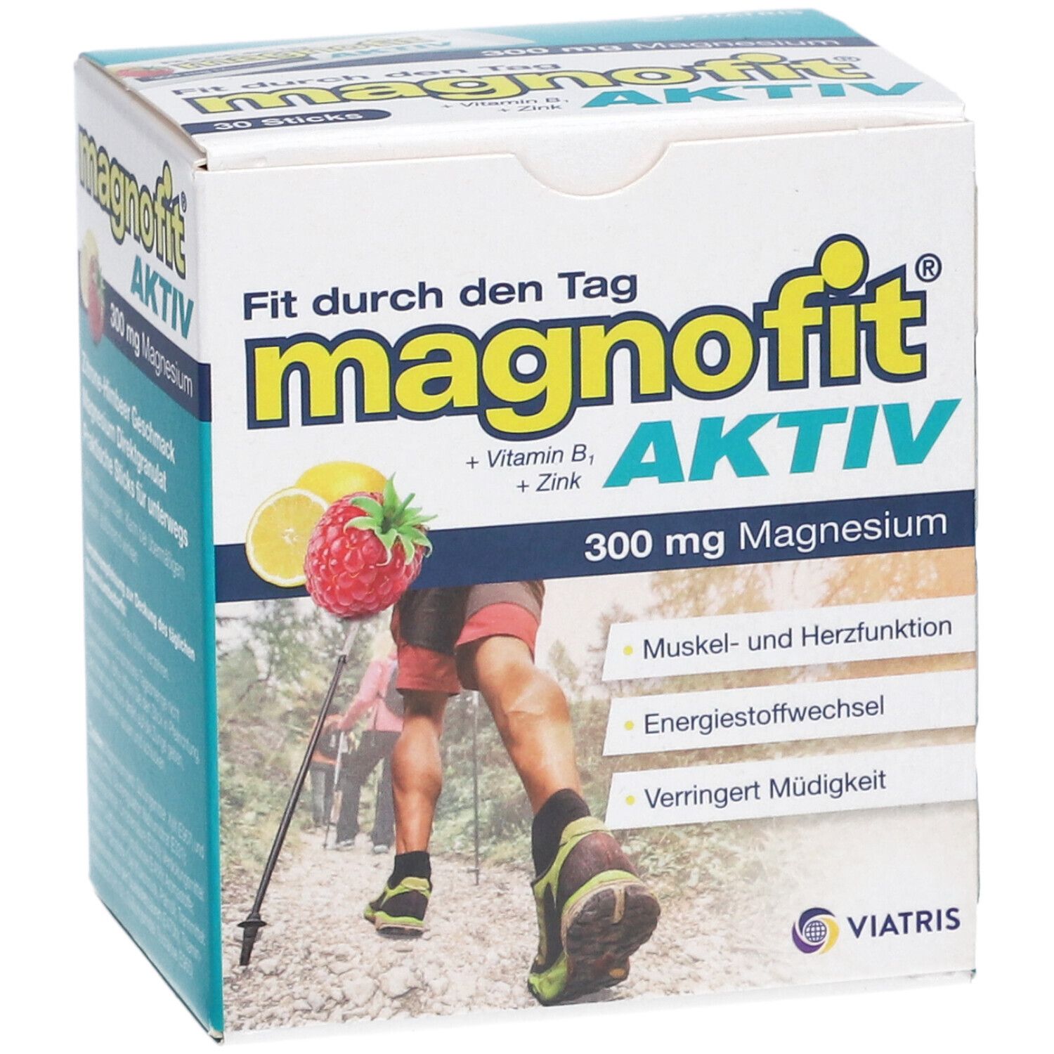 Schachtel Magnofit Aktiv. Aufschrift: 300 mg Magnesium, Vitamin B1, Zink. Abbildung einer Person beim Wandern.