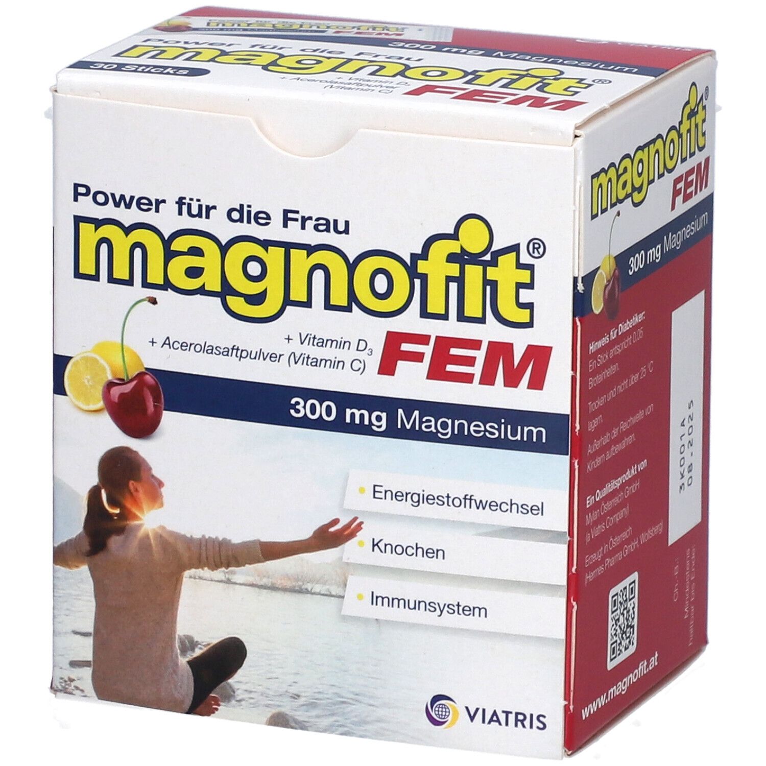 Verpackung von Magnofit FEM Direktgranulat Sticks. Enthält 30 Sticks. Aufdruck: 300 mg Magnesium, Vitamin D3, Vitamin C.