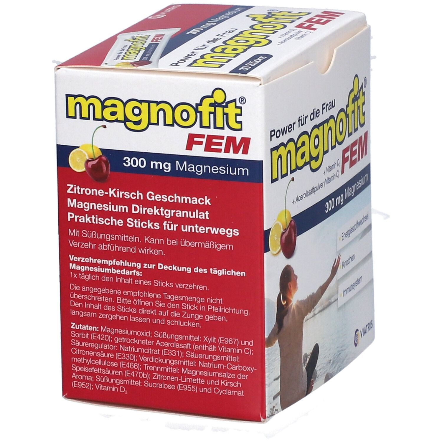 Verpackung von Magnofit FEM Direktgranulat Sticks. Aufdruck: Zitrone-Kirsch Geschmack, 300 mg Magnesium. Praktische Sticks für unterwegs.