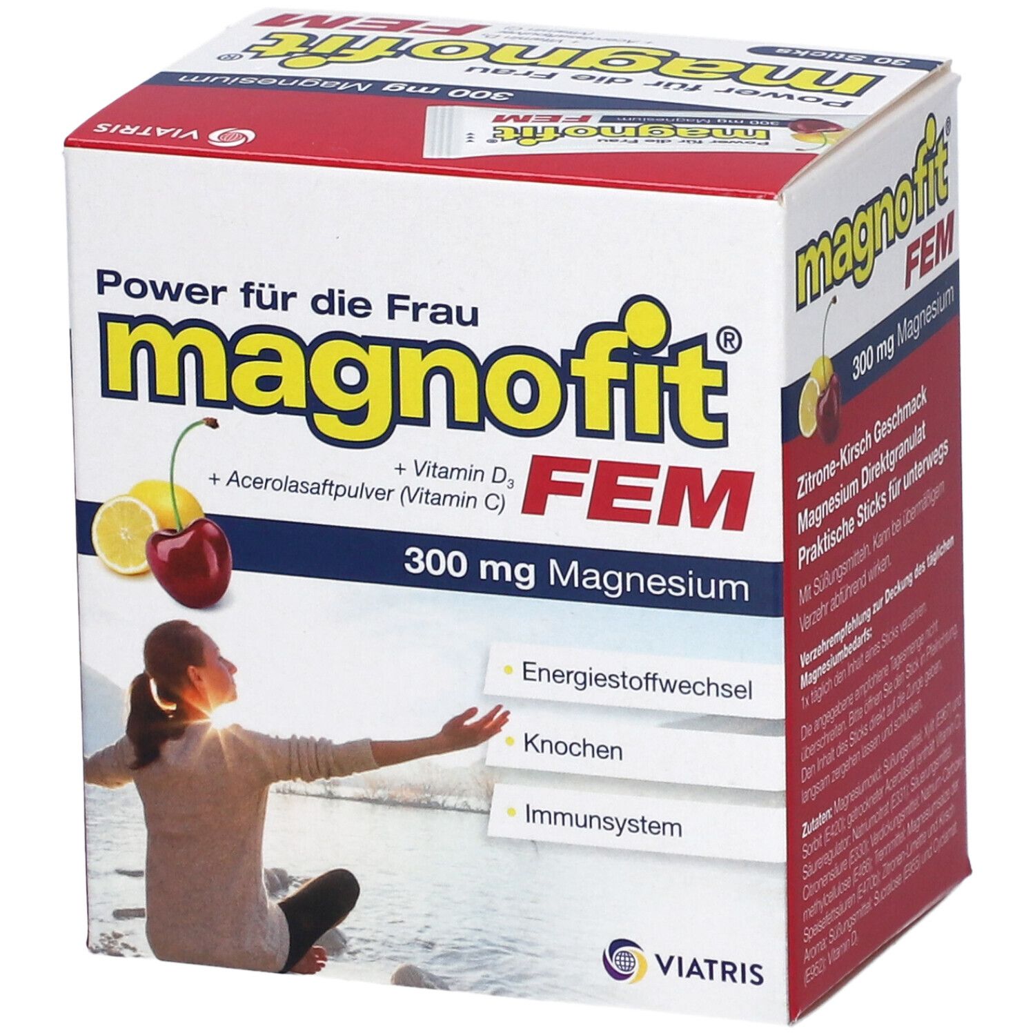 Verpackung von Magnofit FEM Direktgranulat Sticks. Aufdruck: 300 mg Magnesium, Vitamin D3, Vitamin C. Viatris Logo.